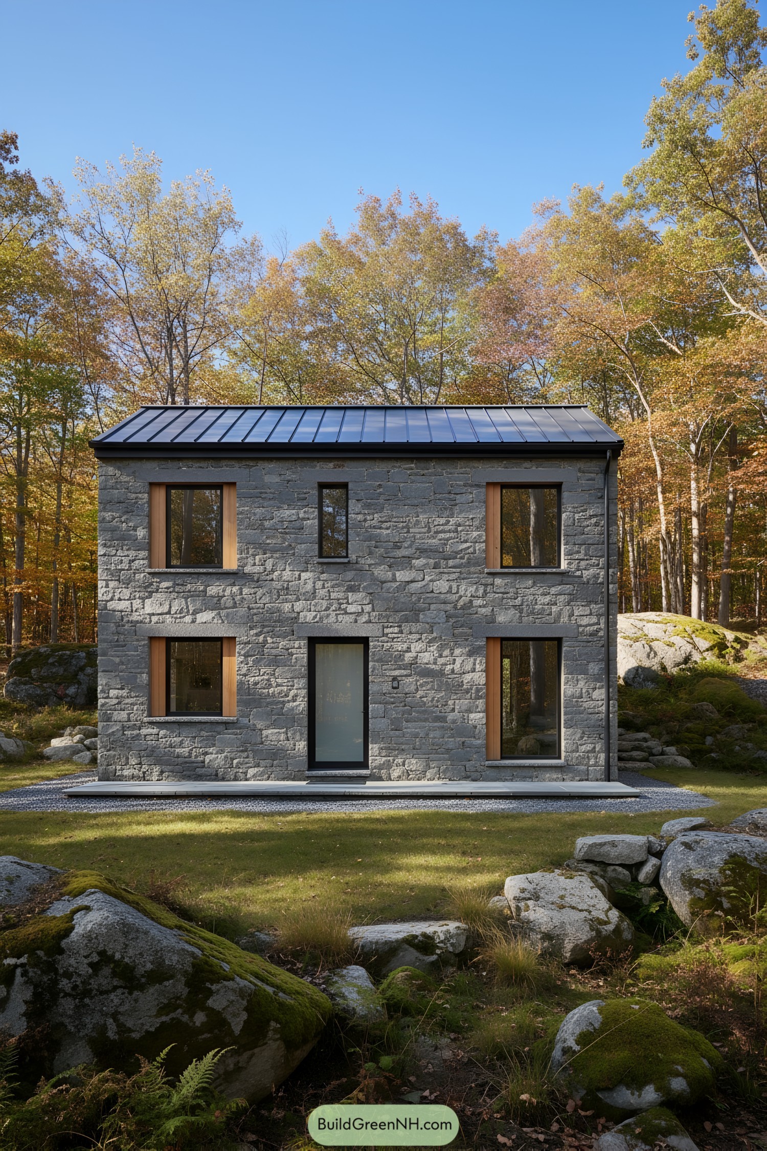 Compact two-story stone cabin with black metal roof and warm wood window reveals in a forest clearing