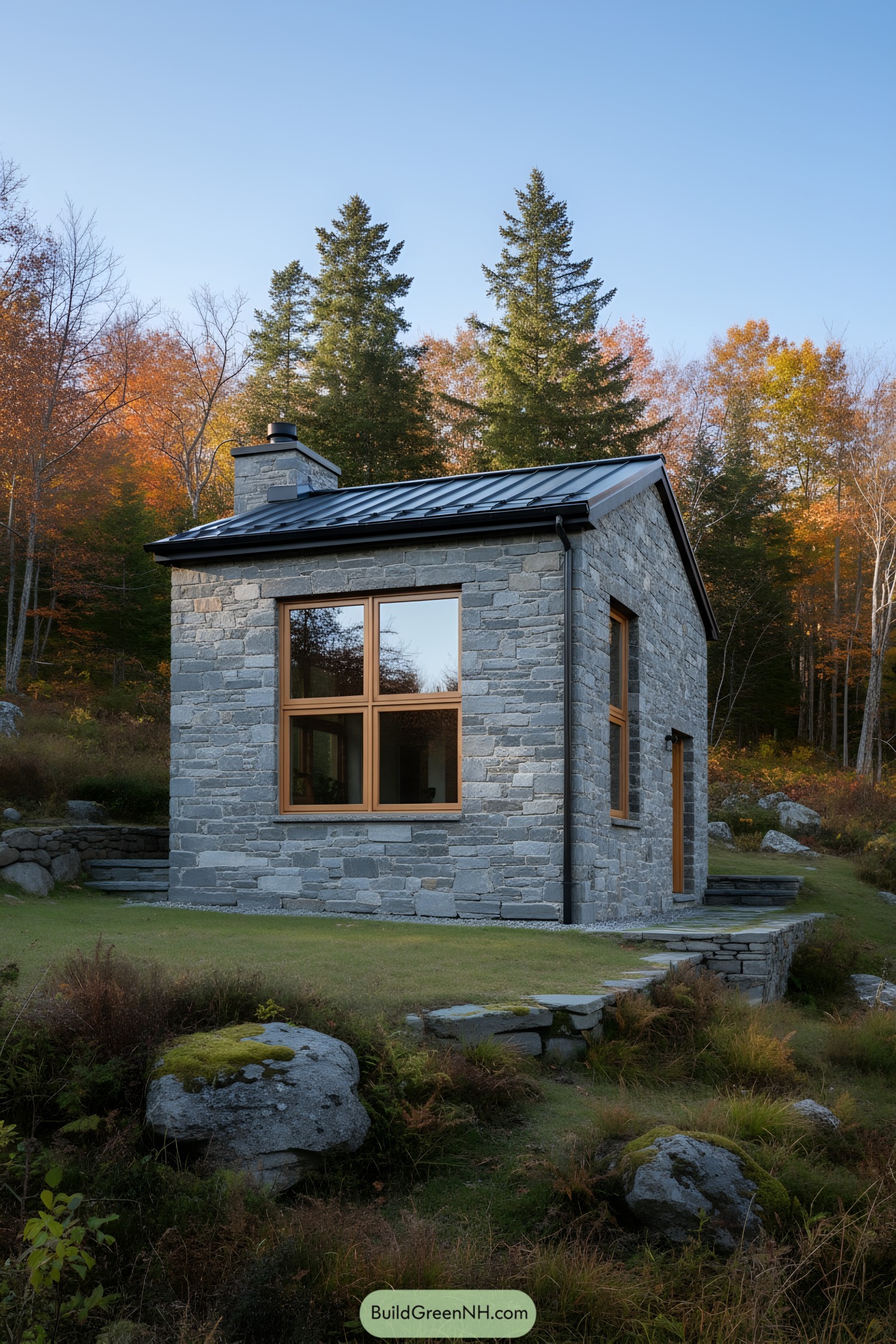 Compact stone cabin with metal roof and wood-trimmed windows in a forest clearing