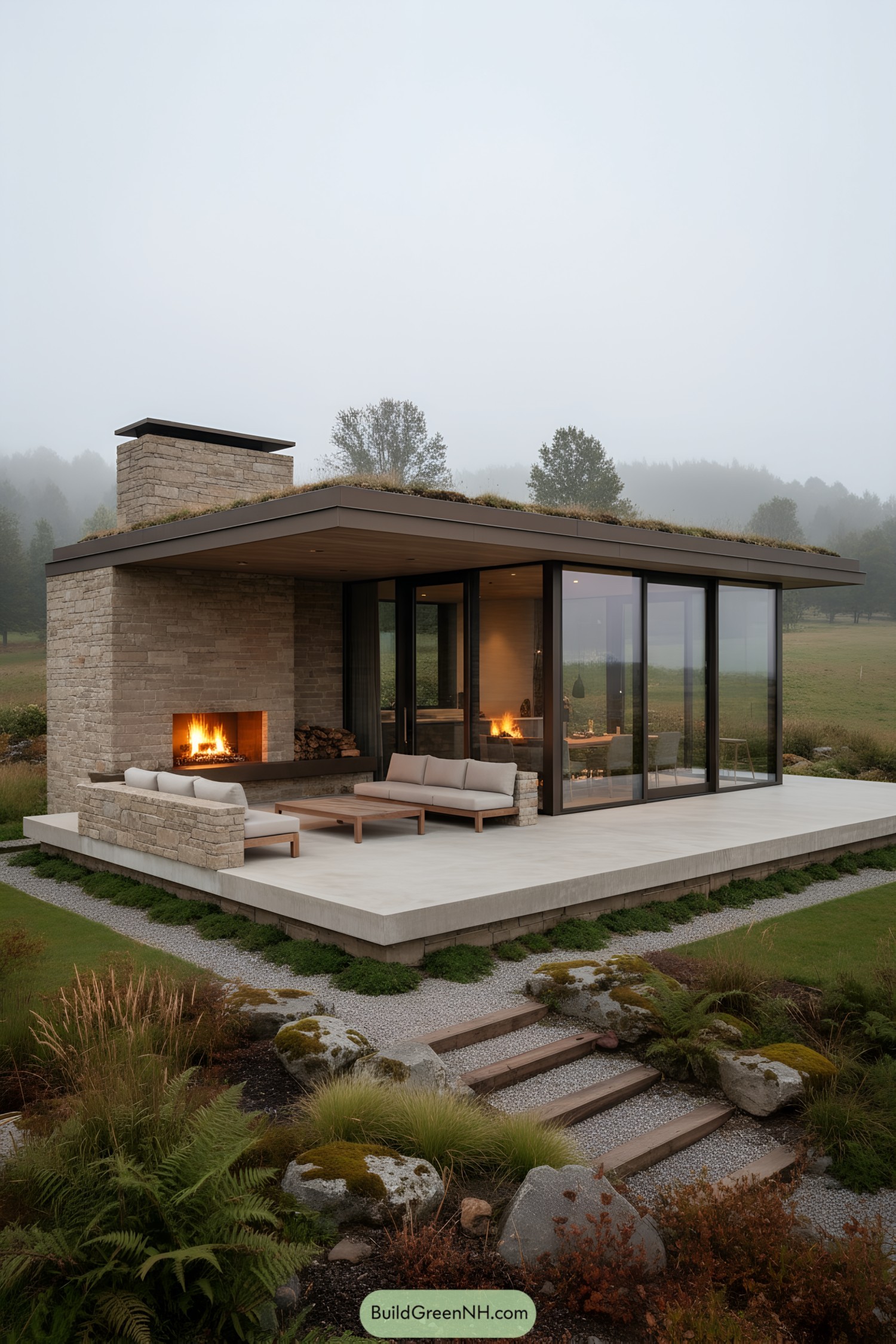 Modern stone cabin with glass walls, green roof, and outdoor fireplace on a raised terrace