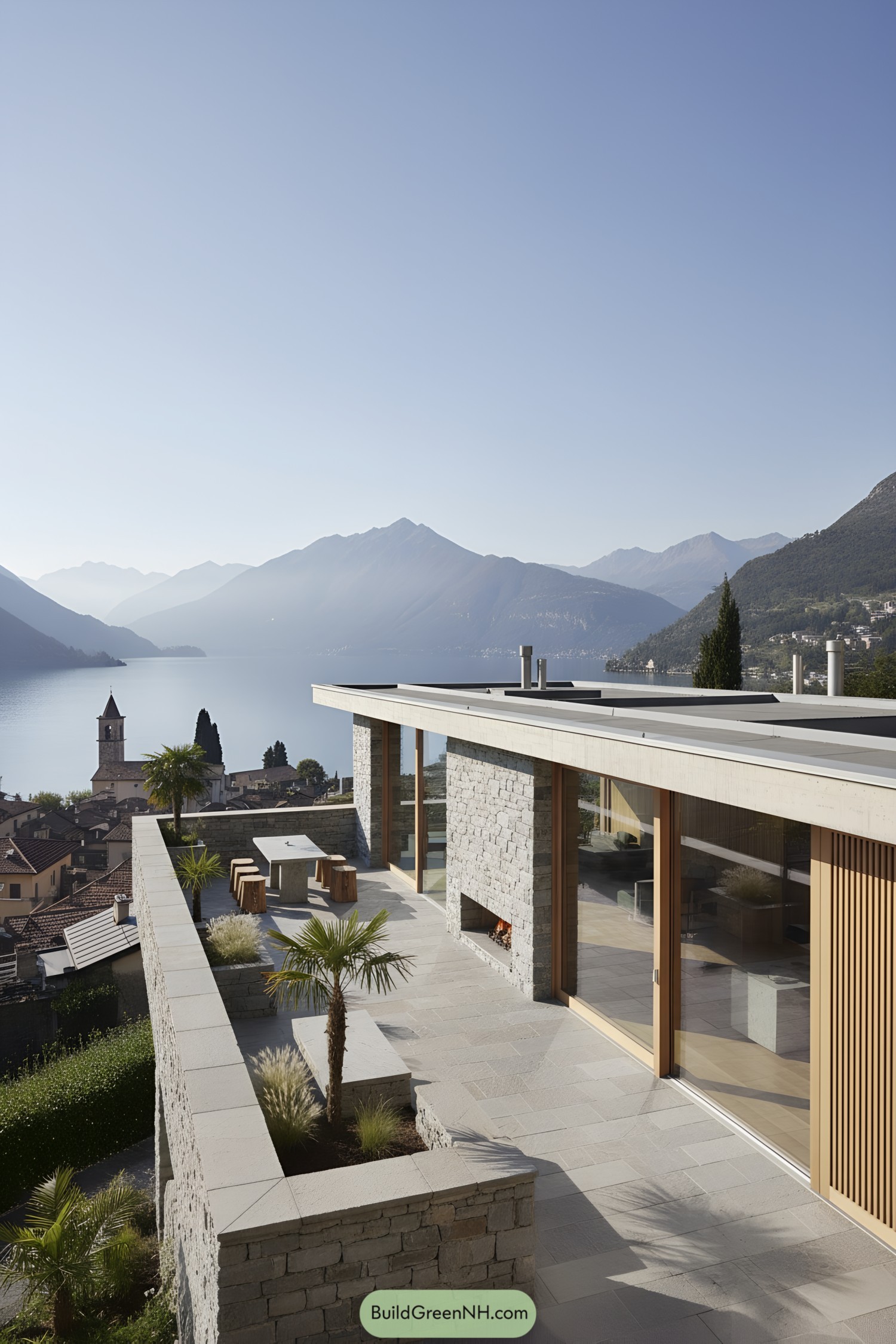 Modern stone terrace cabin overlooking a lake and mountains