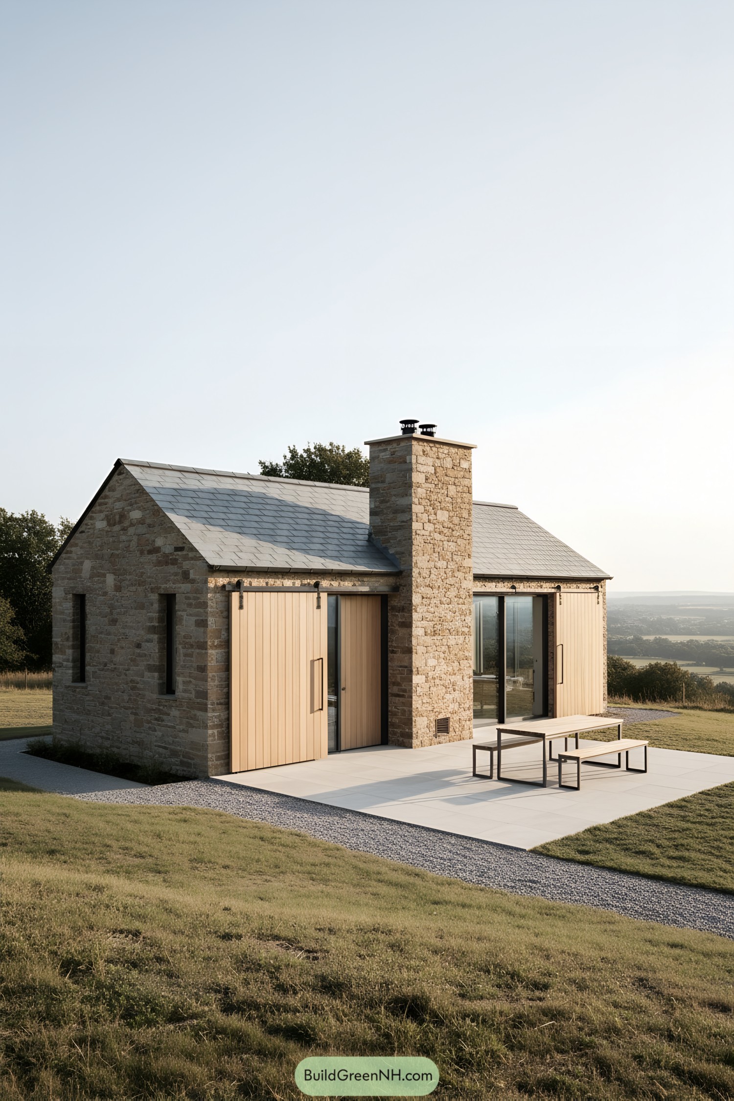 Small stone cabin with slate roof, sliding timber shutters, and central chimney on a hilltop patio