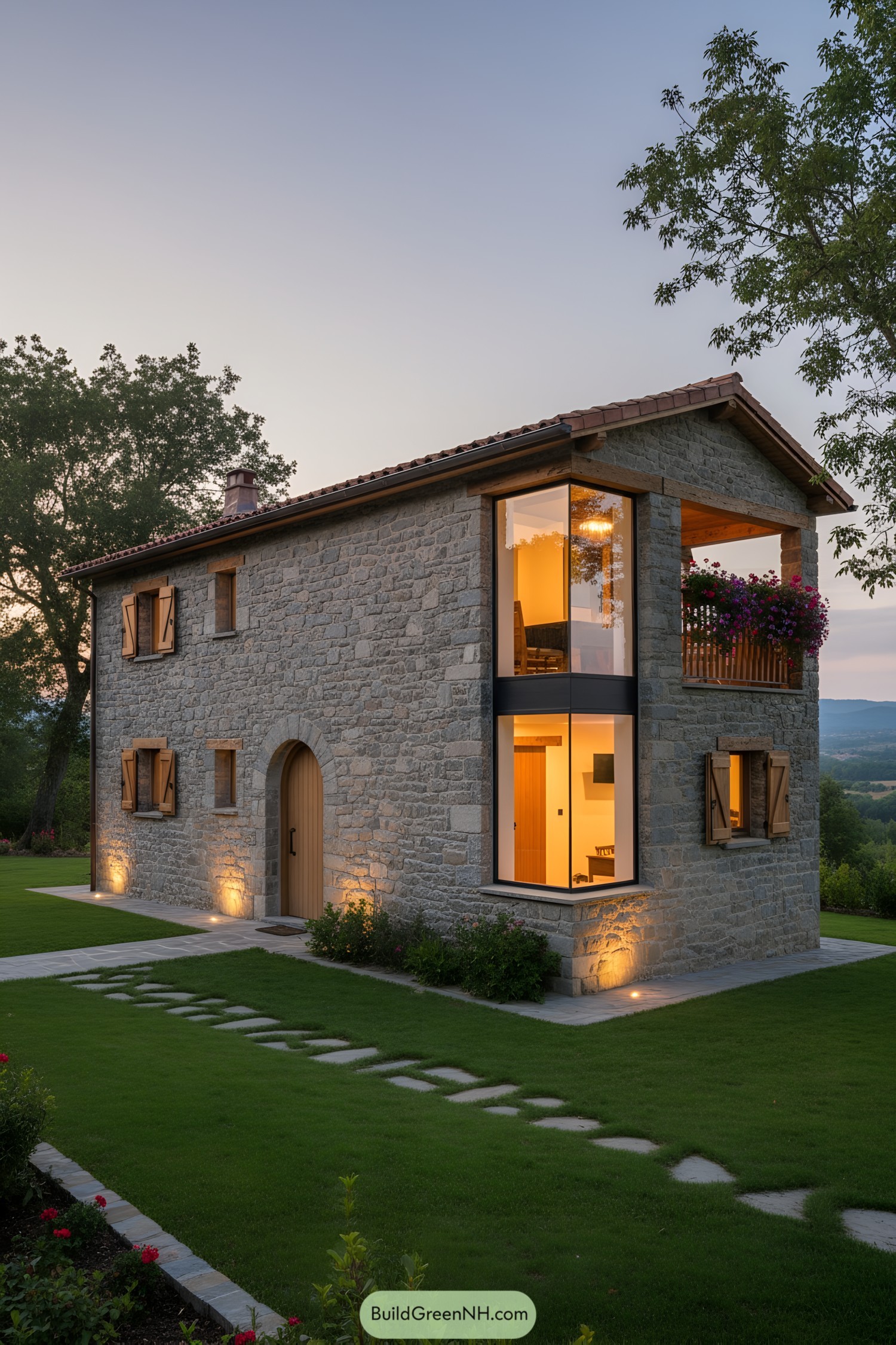 Two-story stone cabin with corner glass bay