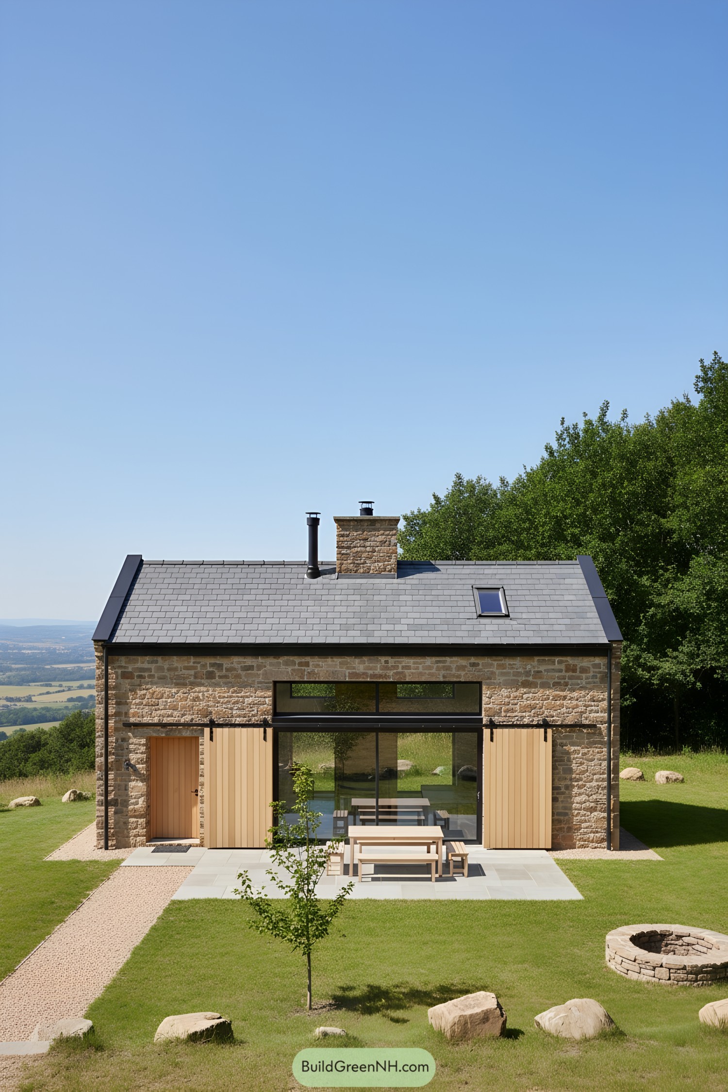 Modern stone cabin with glass wall, slate roof, and timber barn doors