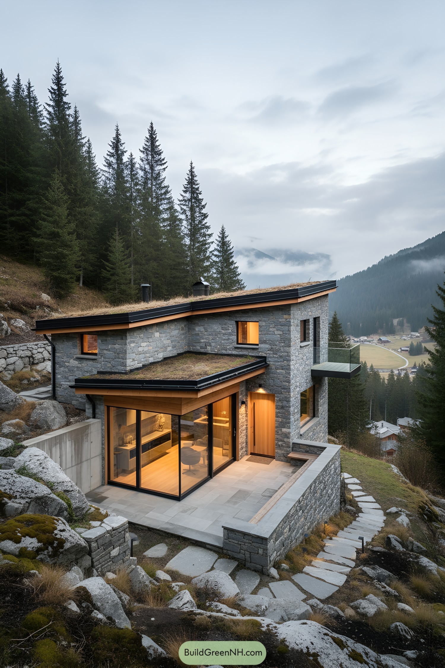 Modern stone cabin with green roof, glass walls, and hillside terrace overlooking conifer valley