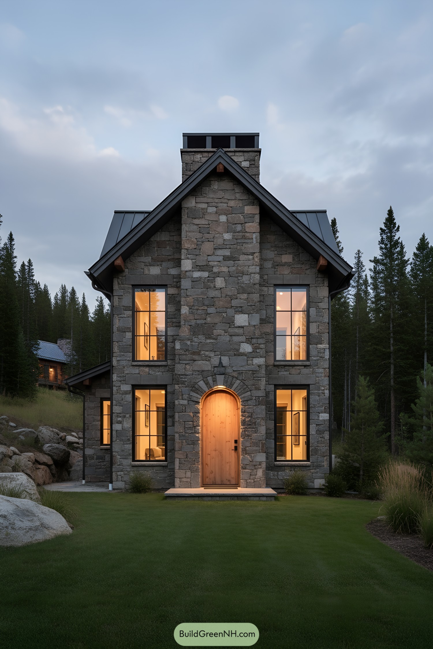 Tall stone cottage with arched wood door and warm-lit windows