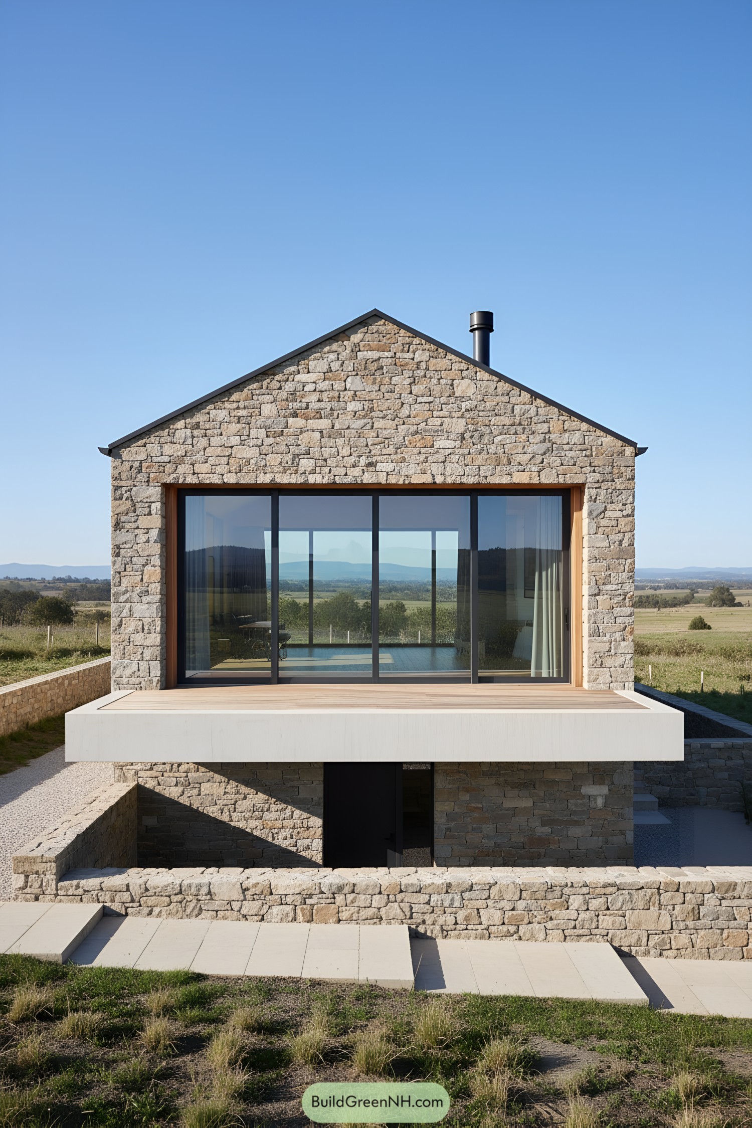 Stone cabin with cantilevered deck and large glazing