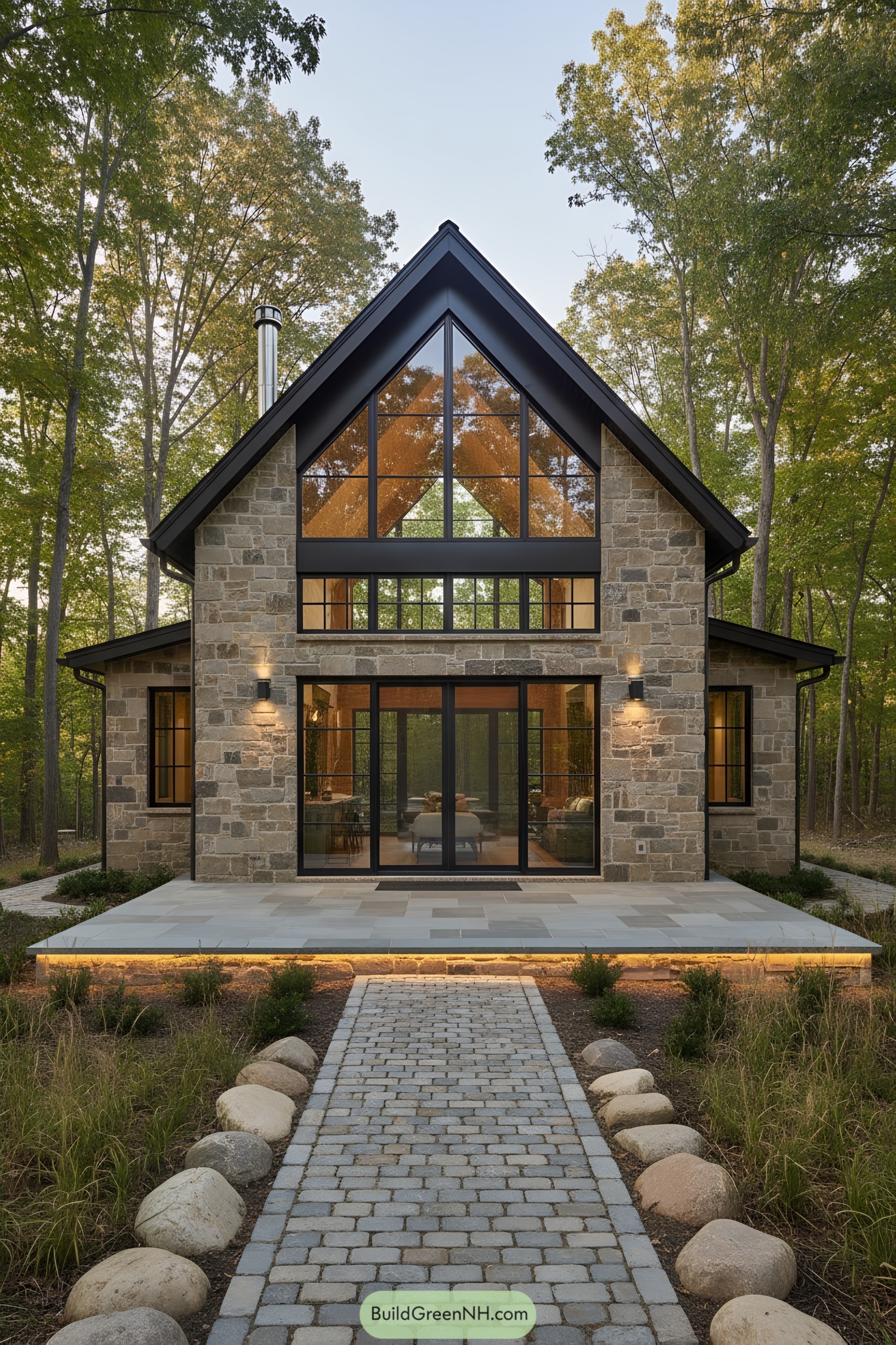 Gabled stone cabin with full-height glass front