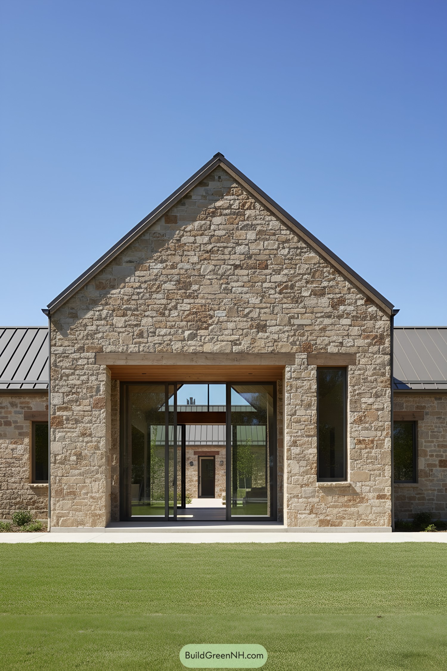 Stone gabled cabin with glass entry and courtyard view