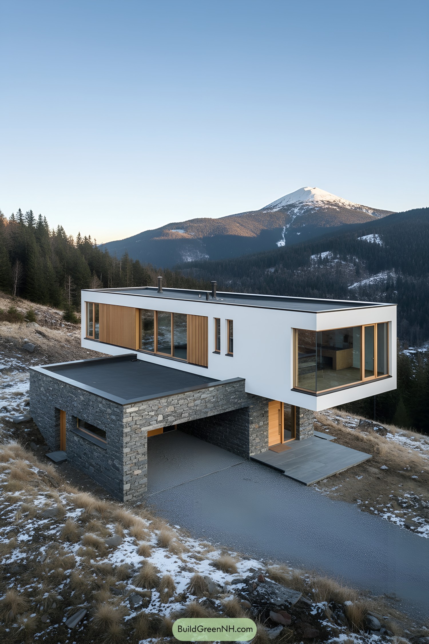 Modern stone-and-white cube cabin cantilevered on a mountain slope