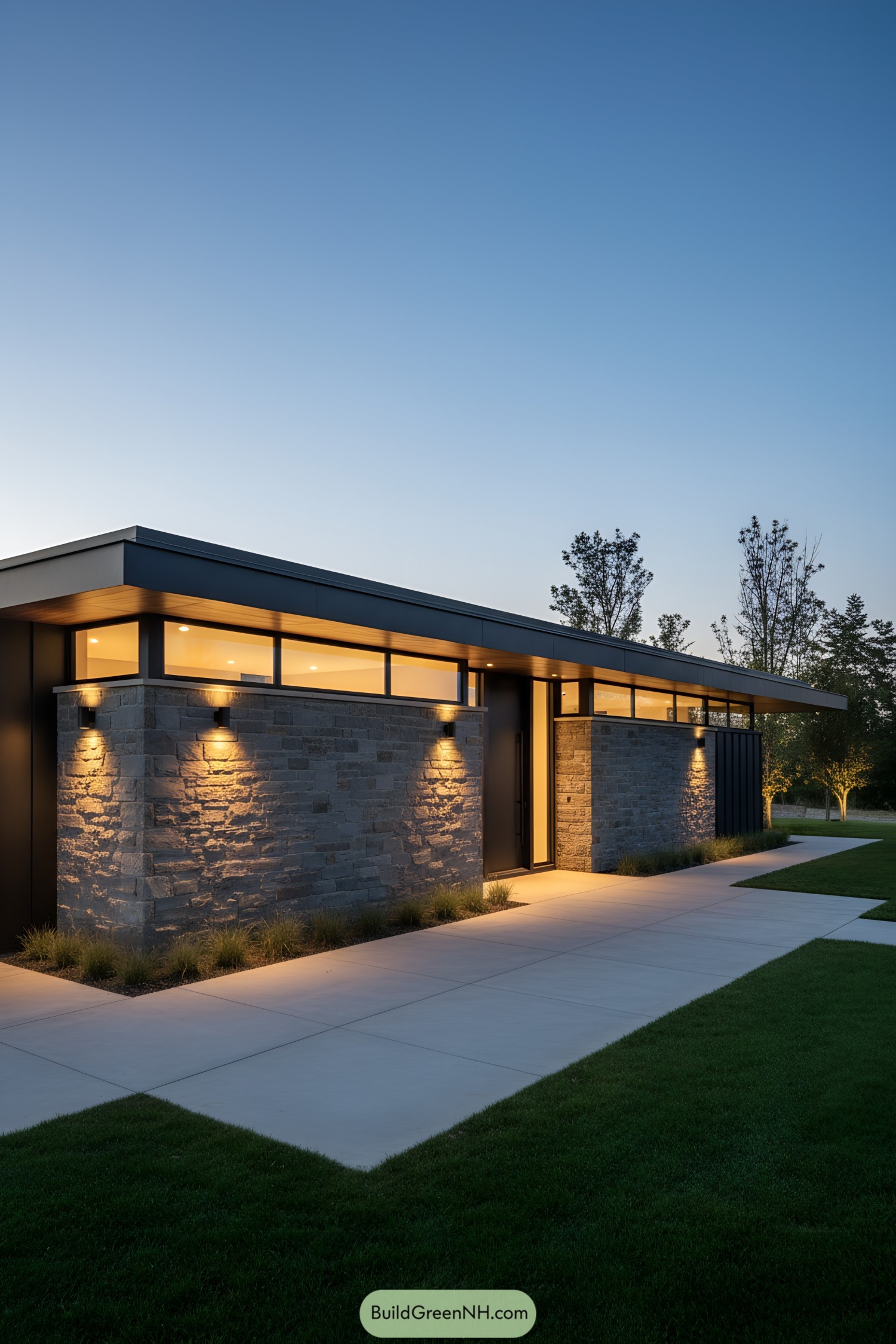 Modern stone cabin with clerestory windows and warm exterior lighting at dusk