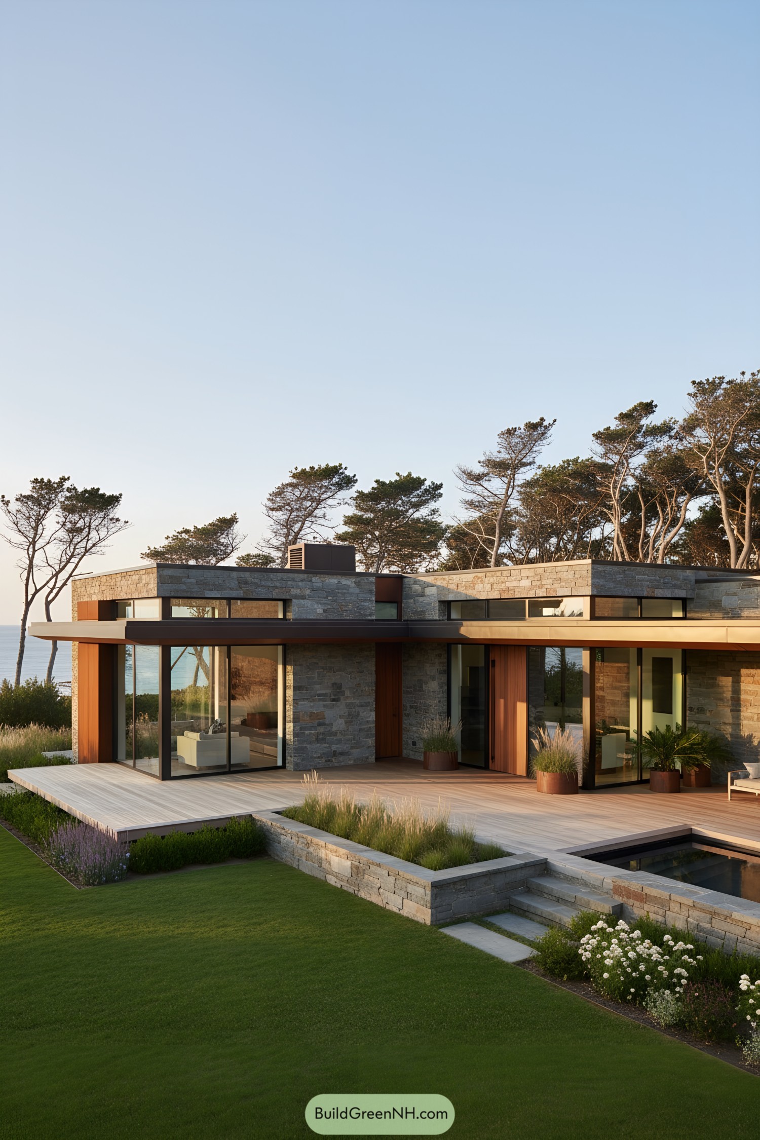 Modern stone cabin with corten accents, broad glazing, and tiered deck by the sea