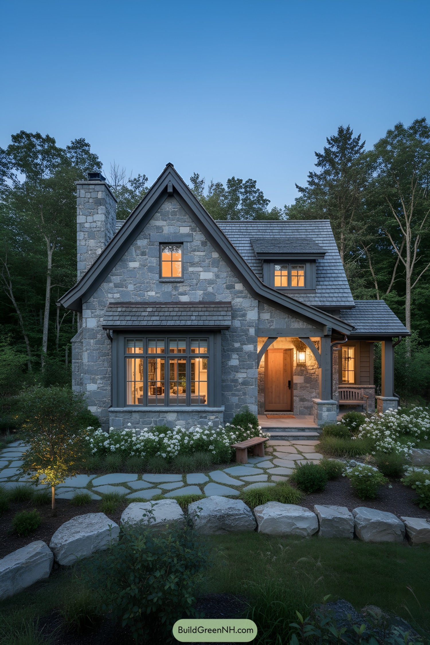 Stone cabin with steep gables and warm-lit windows at dusk