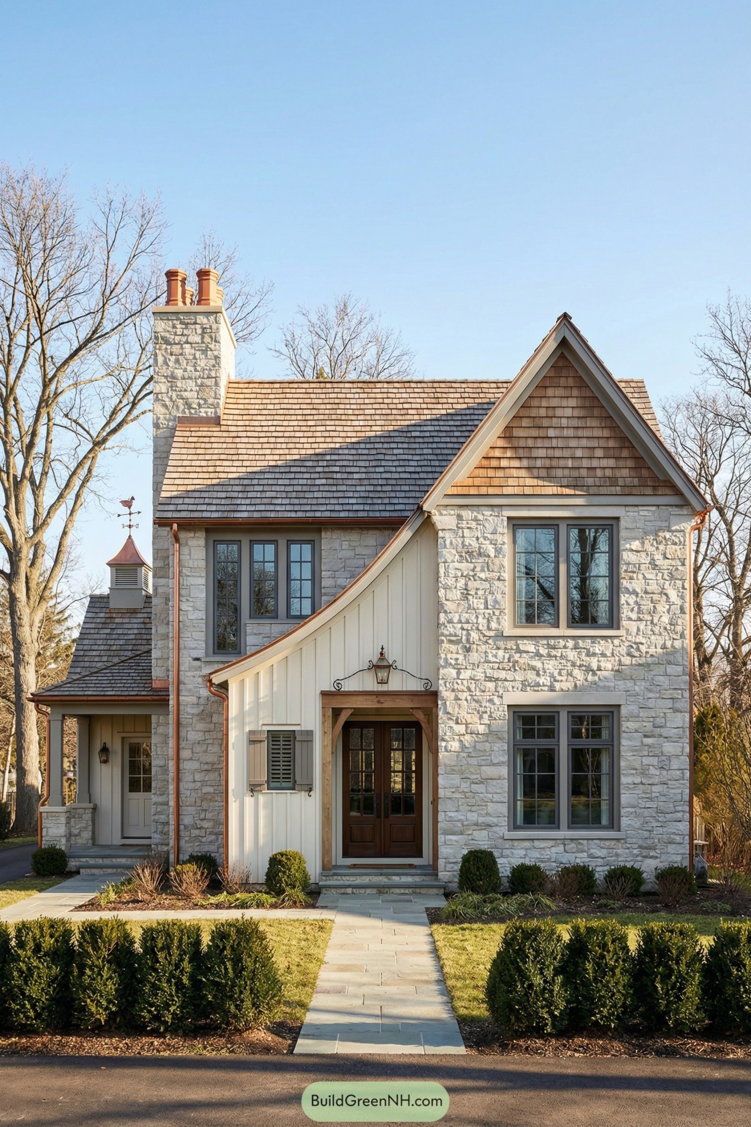 Stone-clad cottage with cedar shingles and copper gutters