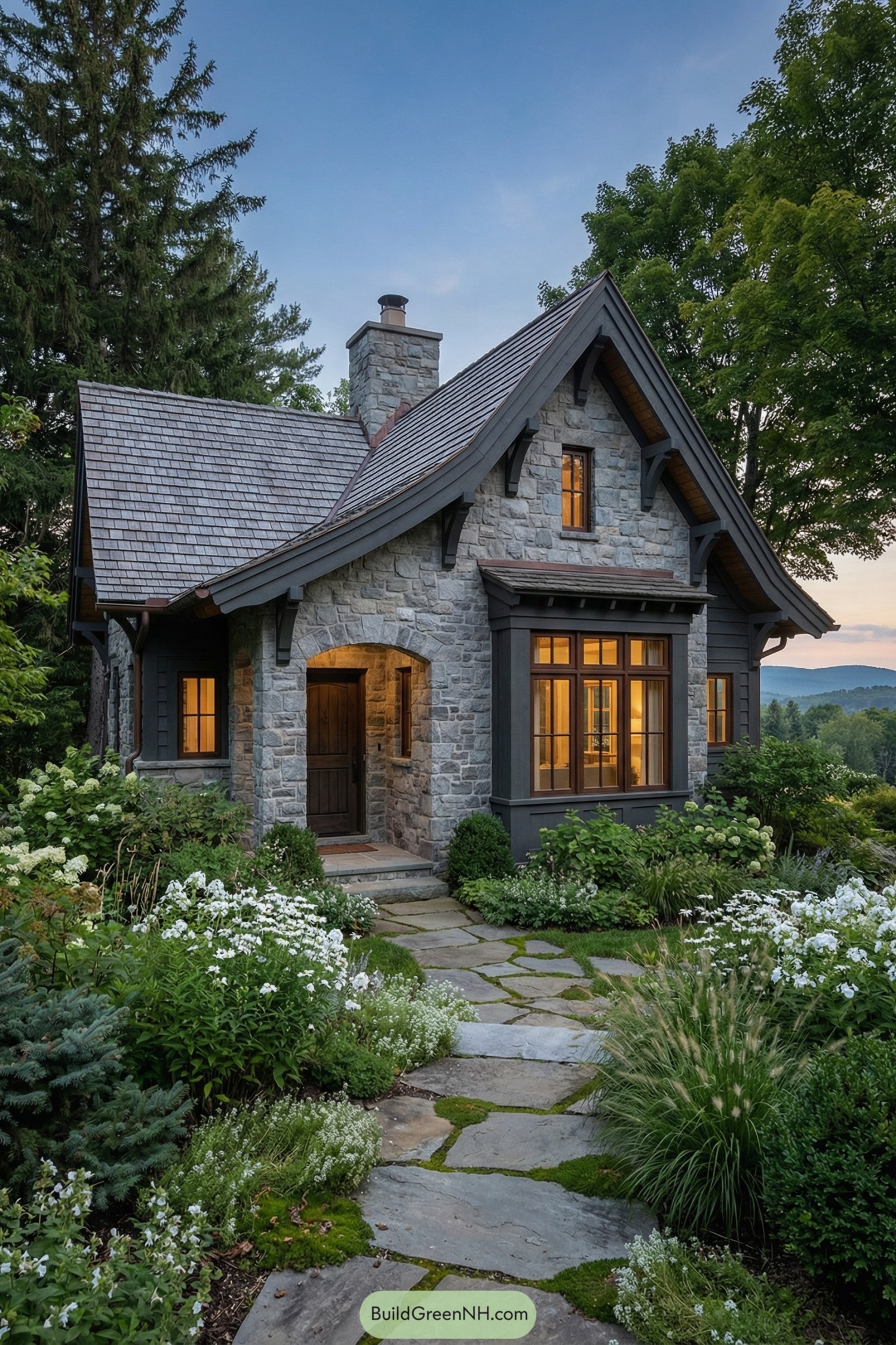 Small stone cottage with steep gables and warm amber windows amid lush gardens