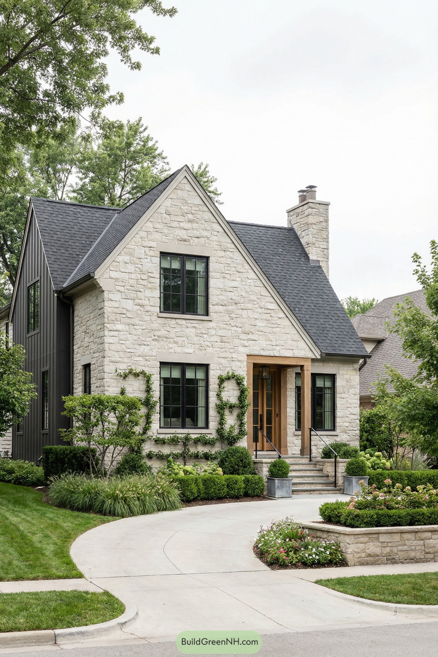 Stone cottage with steep gable and wood entry