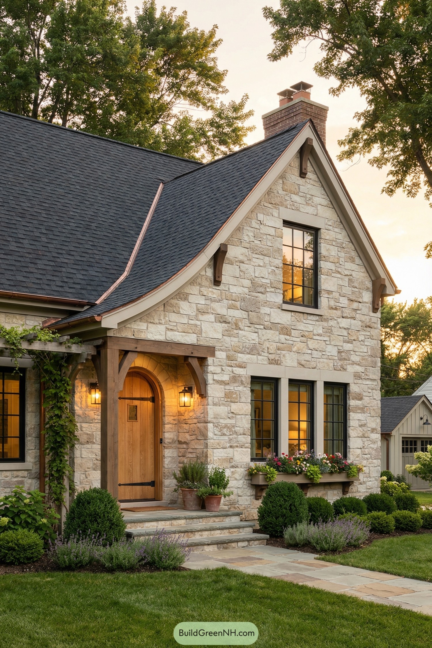 Warm stone cottage with arched oak door and copper-trimmed roofline at dusk