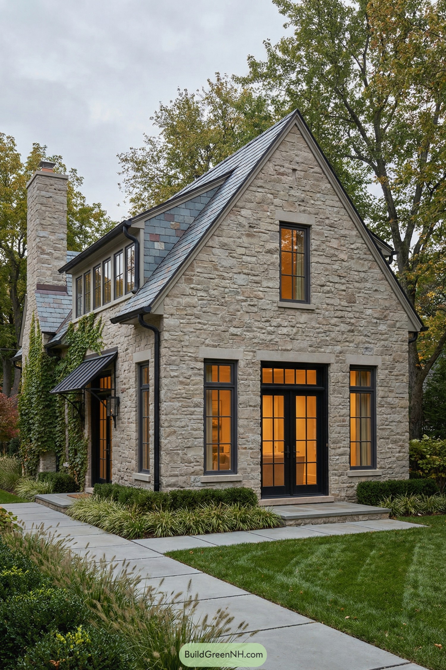 Stone cottage with steep gable and black-trim windows