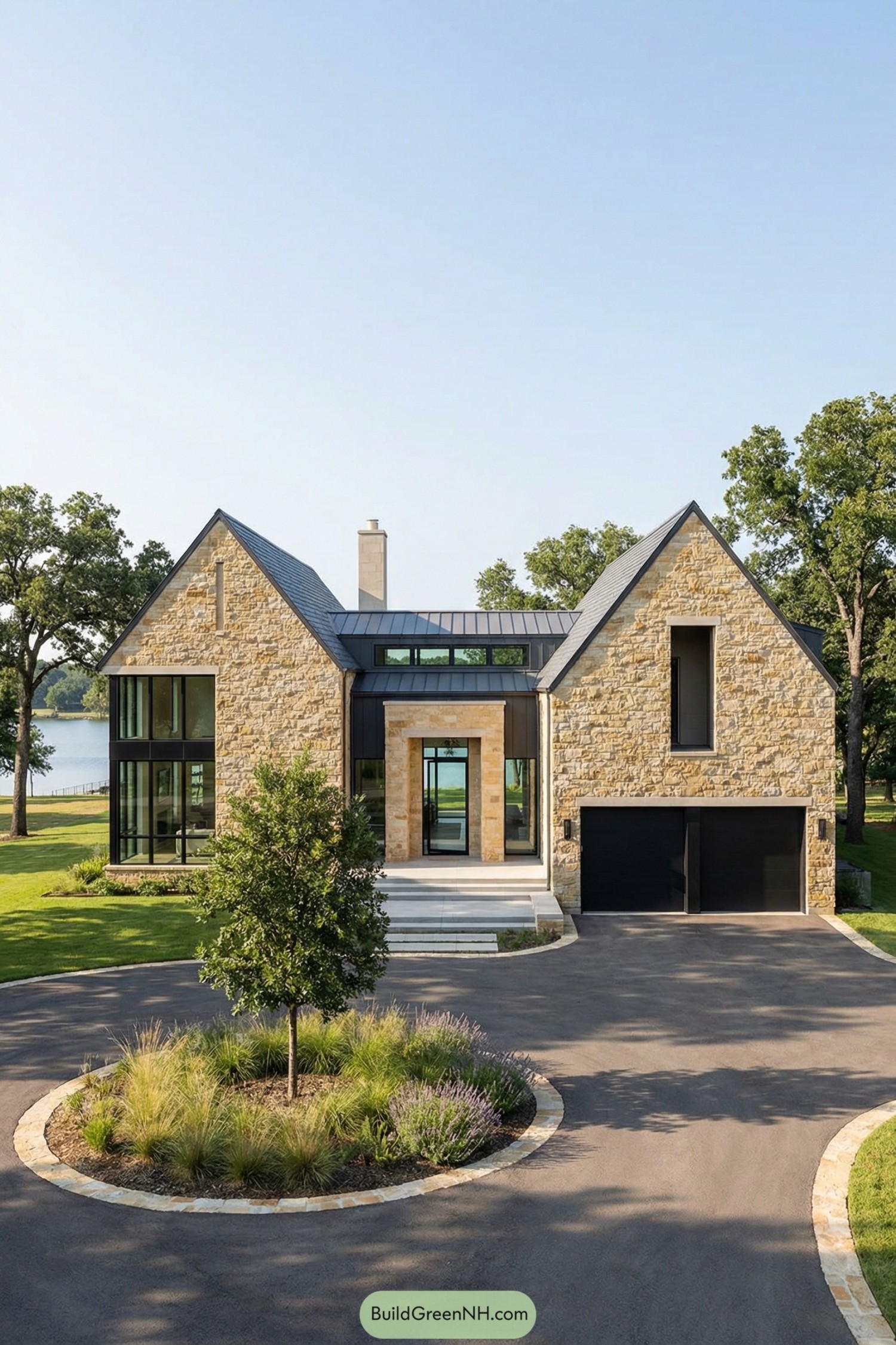 Modern stone cottage with tall glass and slate roof