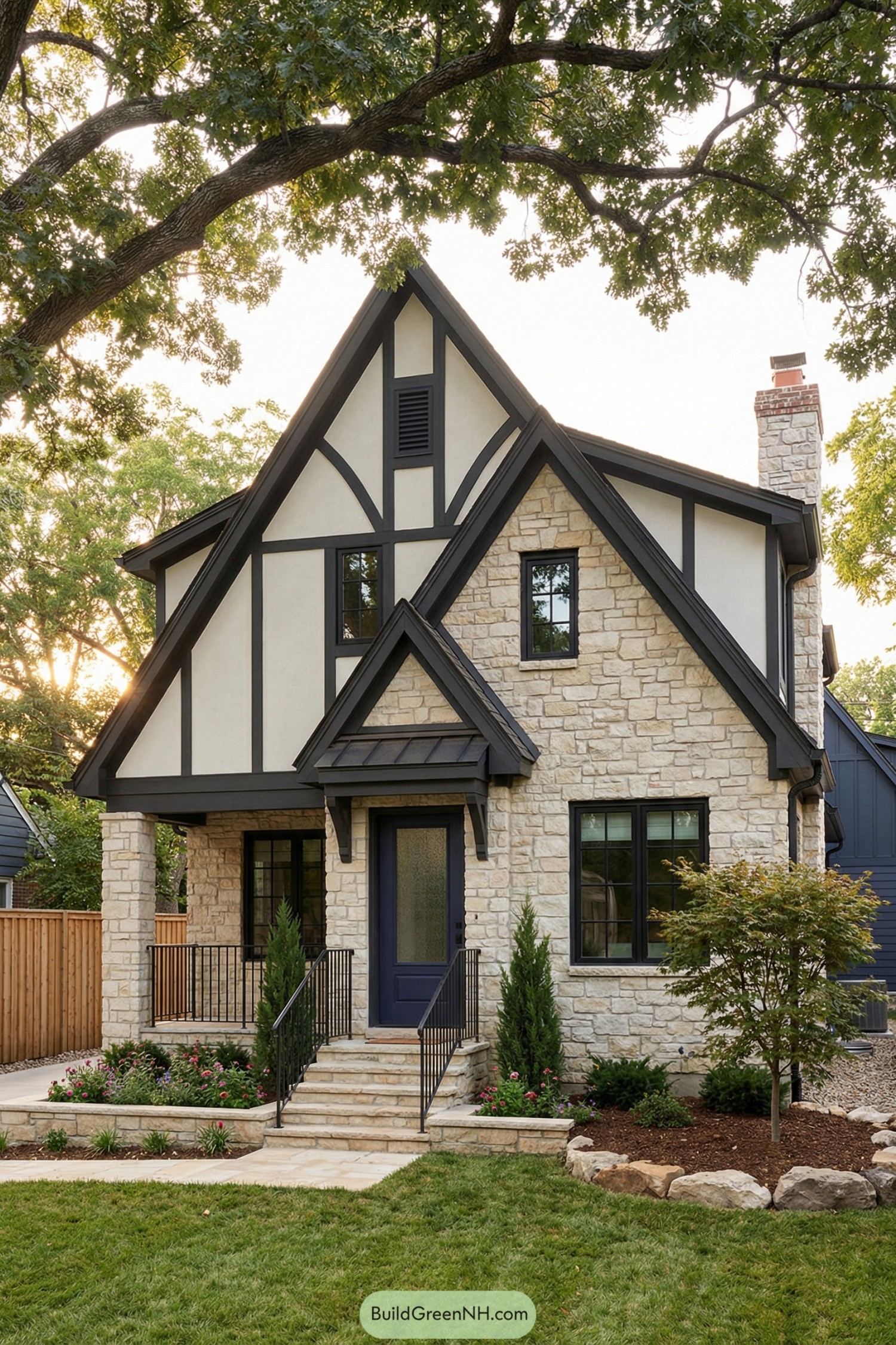 Stone-and-stucco cottage with steep gables and black trim