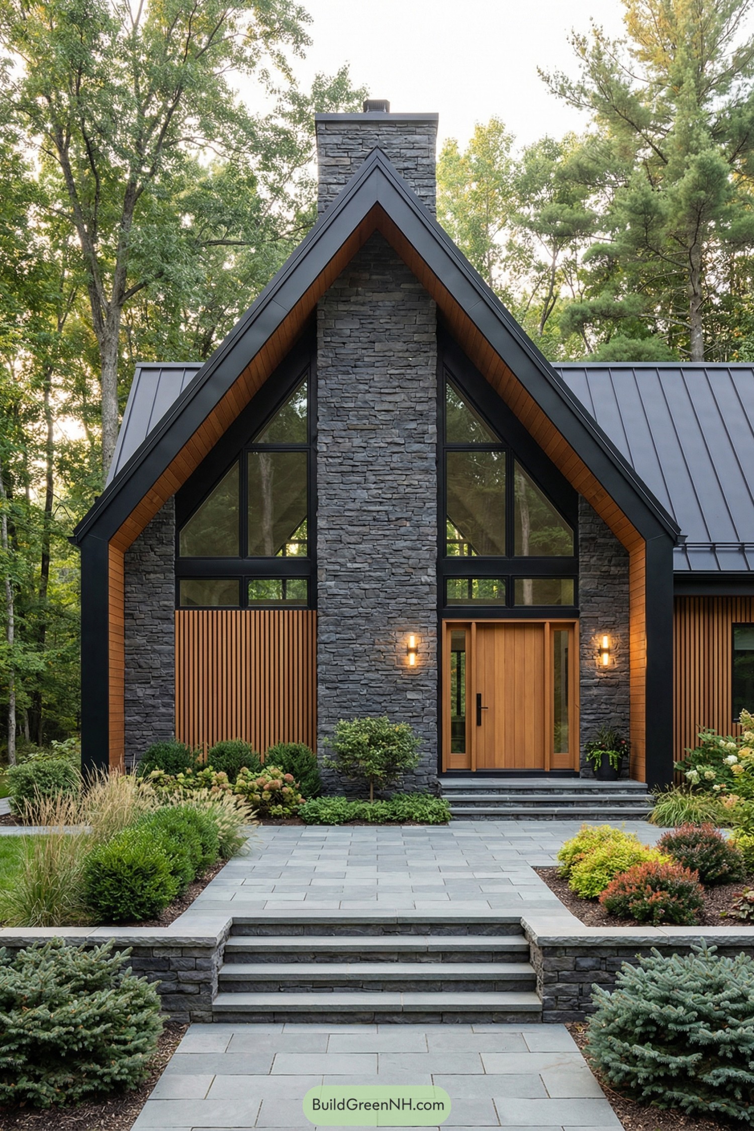 Modern stone cottage with black gable roof, vertical cedar accents, and glassy entry framed by slate steps
