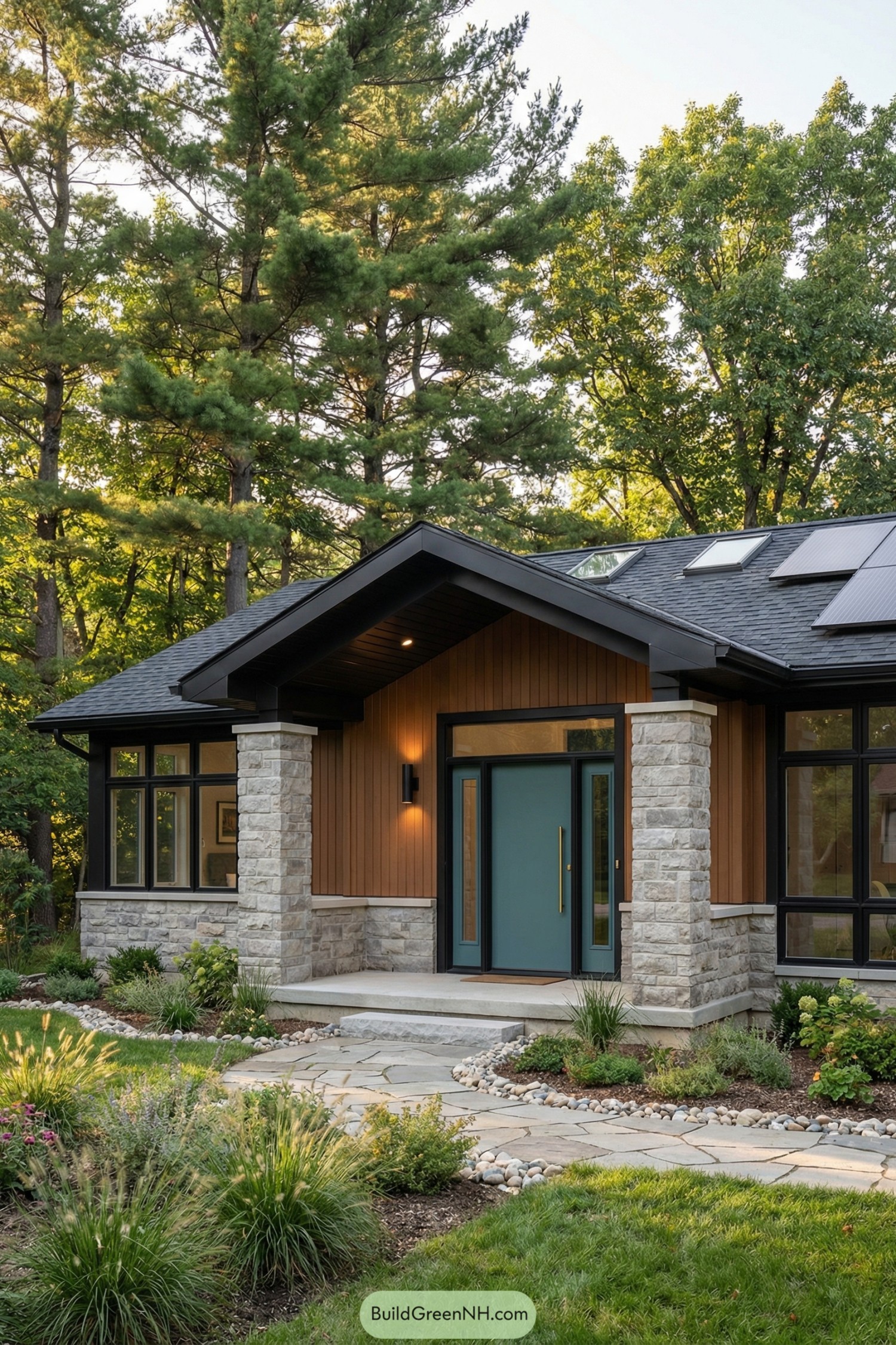Modern stone cottage with cedar siding, teal door, black-framed windows, and solar roof panels