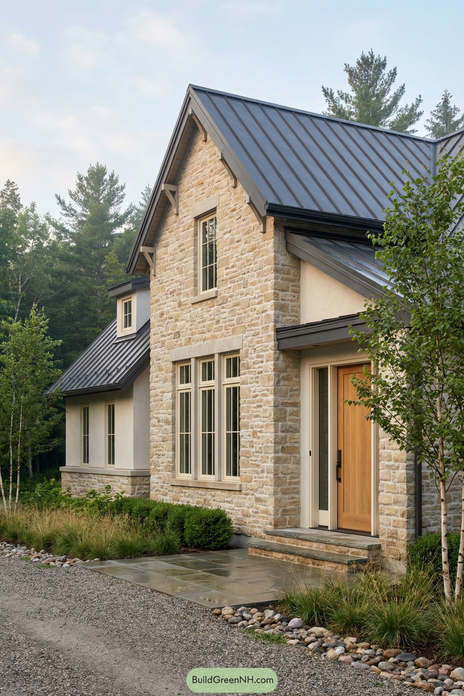 Light stone cottage with metal gable roof and tall cream-trimmed windows beside a simple gravel path and native plantings