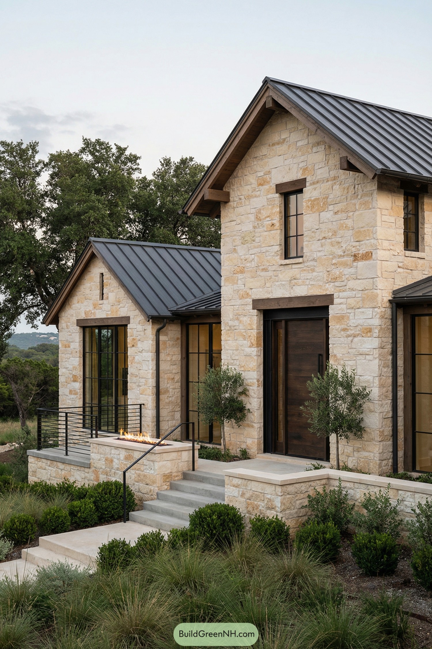 Light limestone facade with black metal roof and steel-framed windows; linear fire feature by the entry