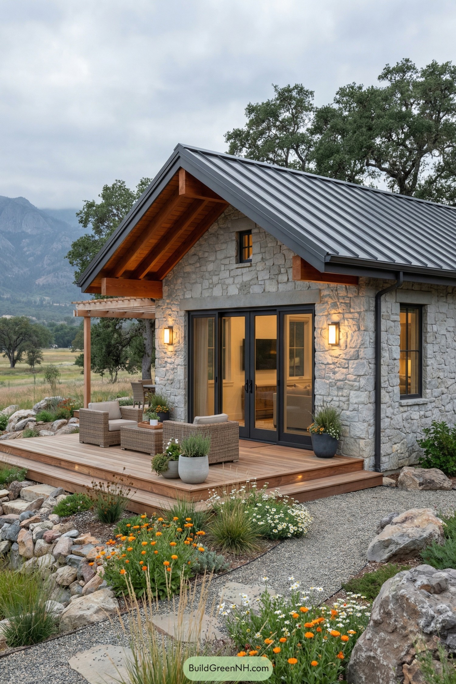 Stone cottage with metal roof and timber porch at dusk