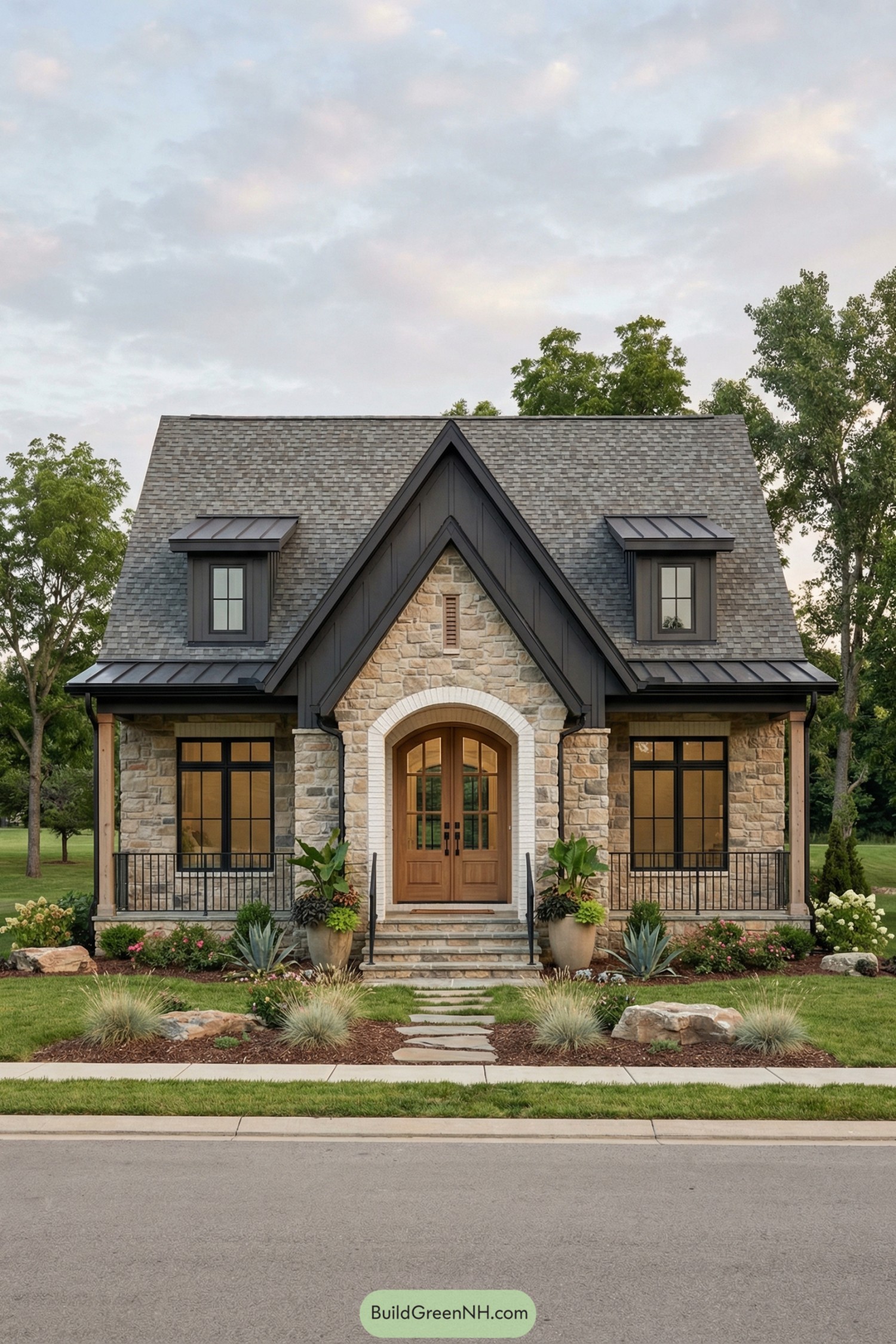 Front view of a stone cottage with steep gables, wood double doors, and manicured landscaping