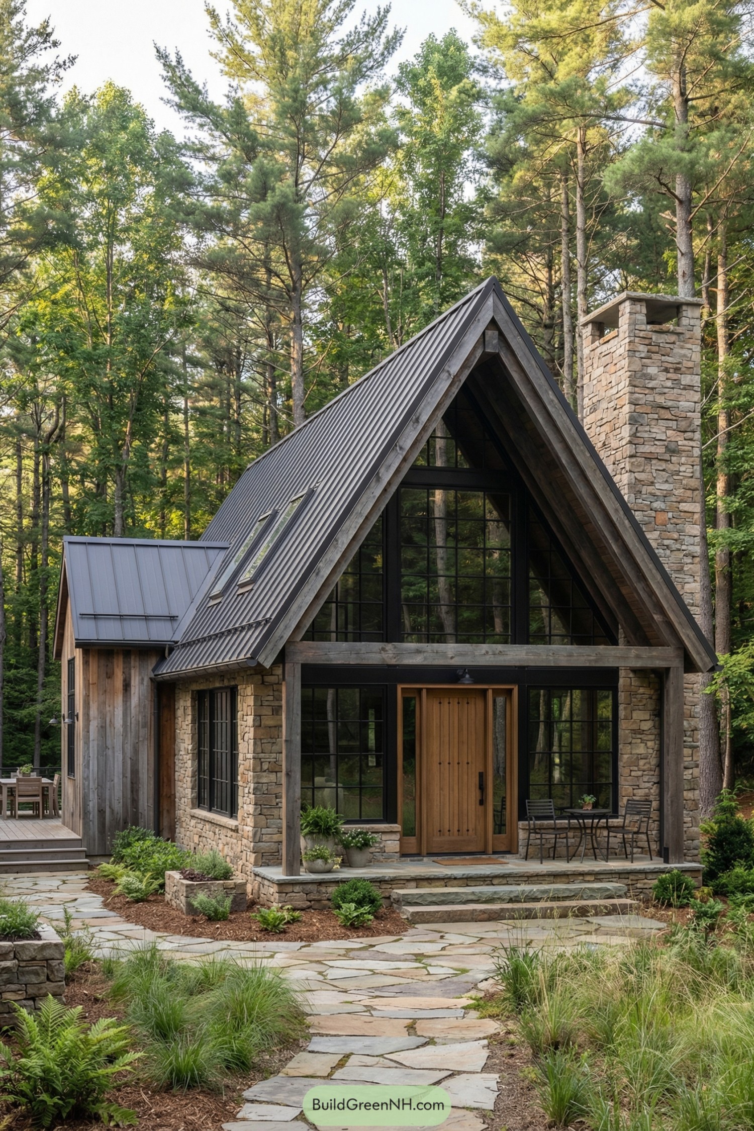 A tall A-frame stone cottage with black-framed windows, metal roof, and timber entry set in lush woodland