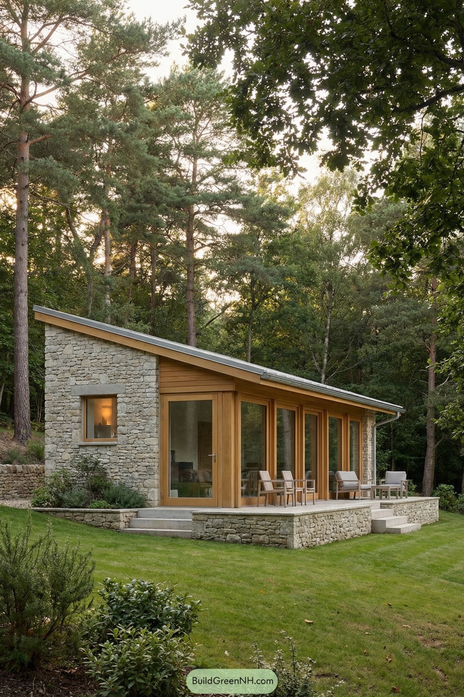 Modern stone cottage with timber-framed glass wall and sloped roof set in forested lawn