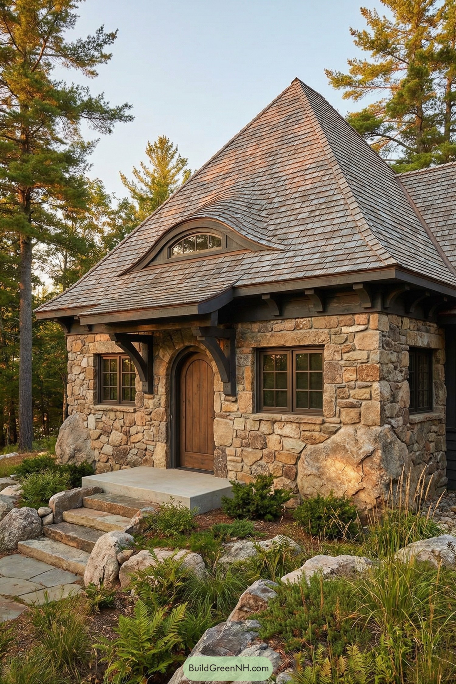 Stone cottage with swooping shingle roof
