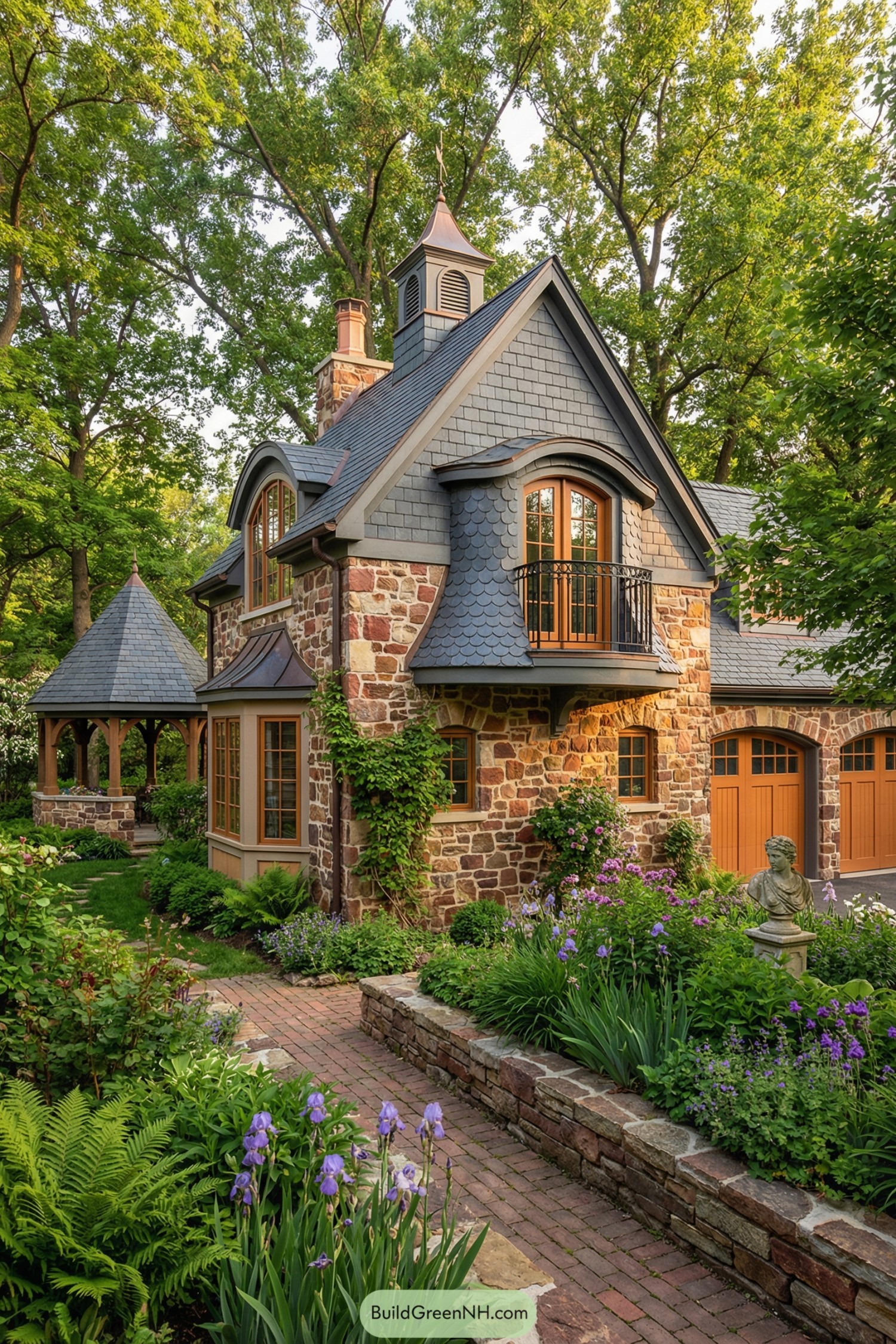 Stone cottage with slate dormers and lush garden