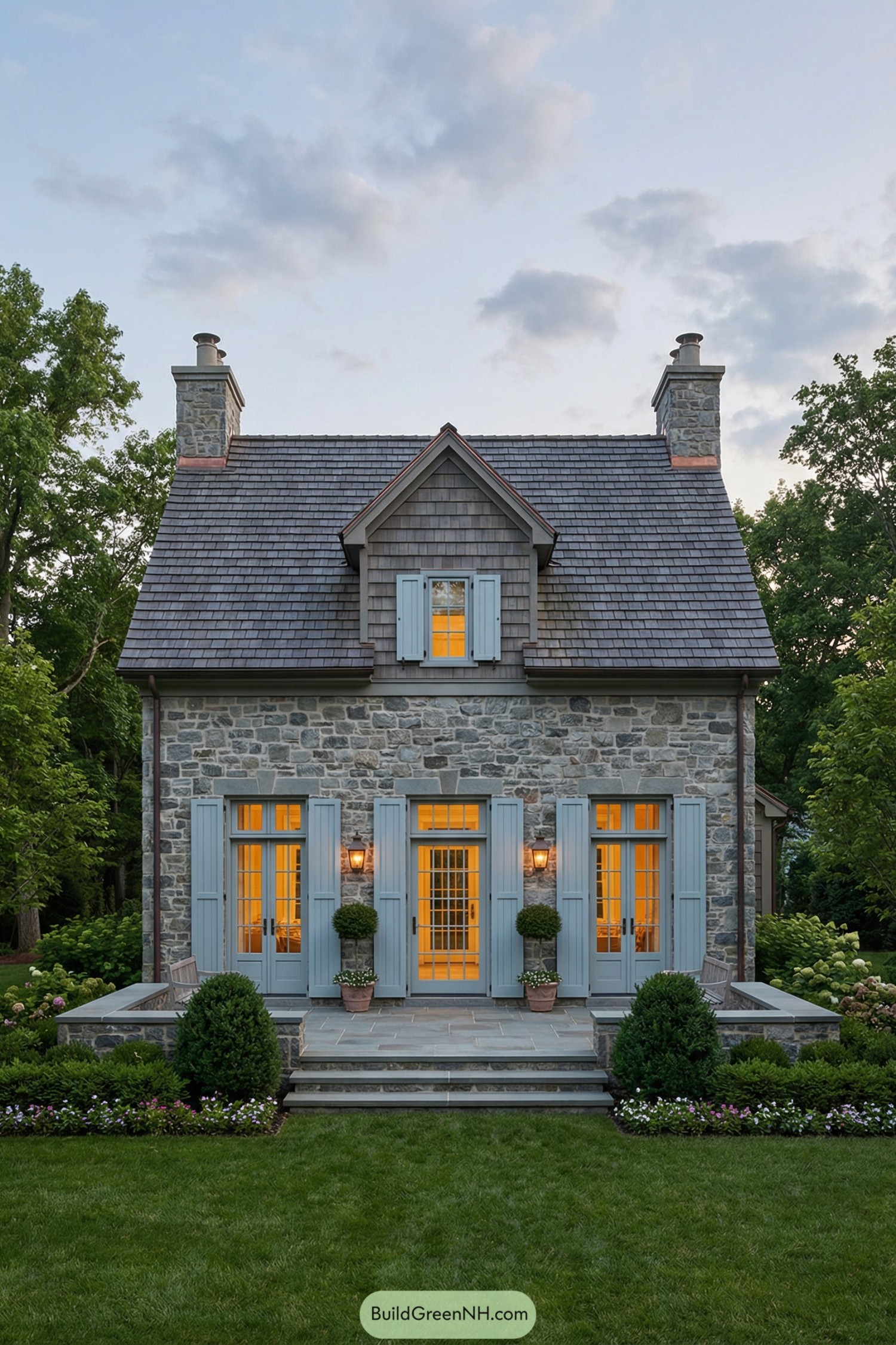 Stone cottage with slate roof and blue shutters at dusk