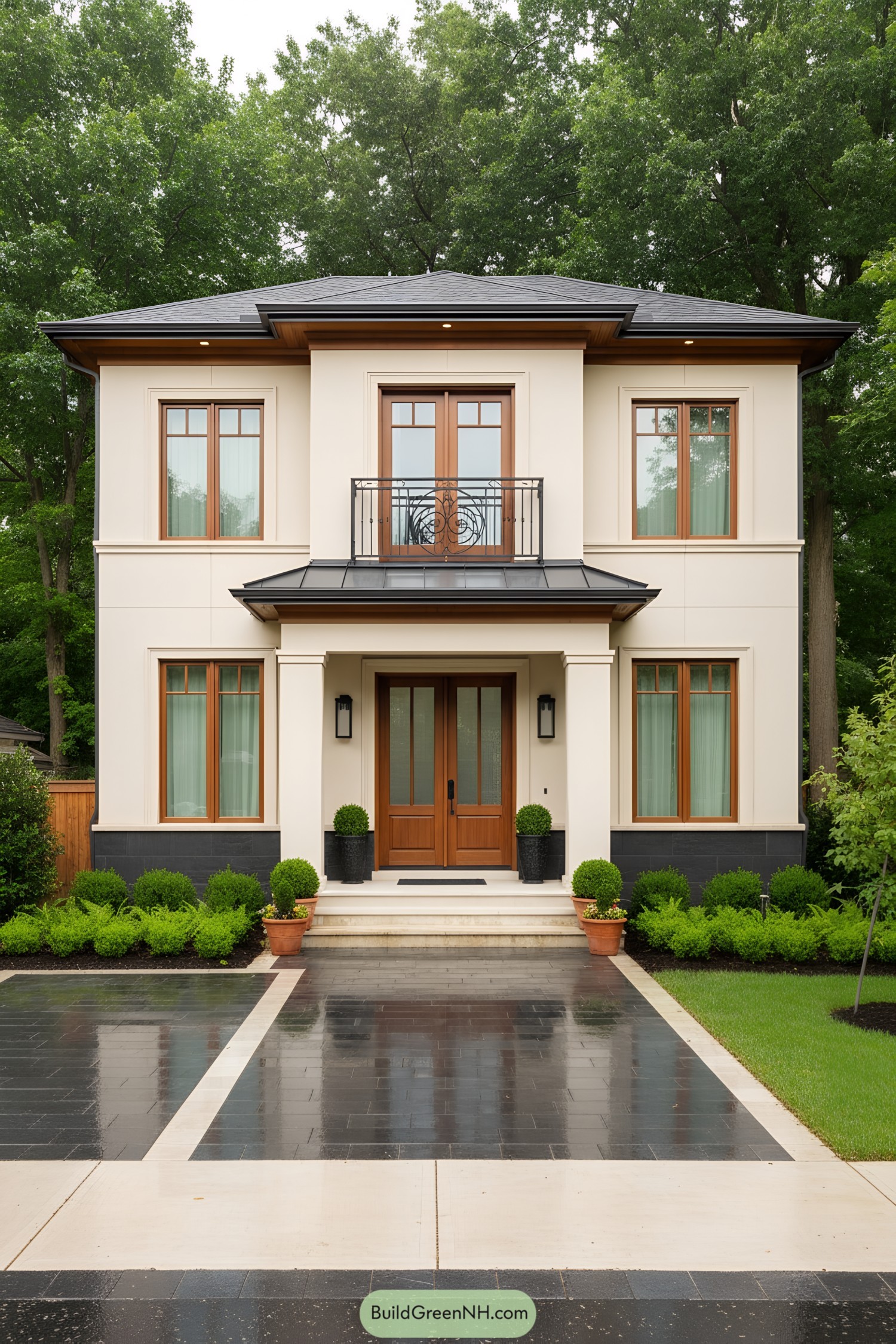 Compact two-story house with cream stucco, wood-trimmed windows, and a small balcony over a sheltered entry
