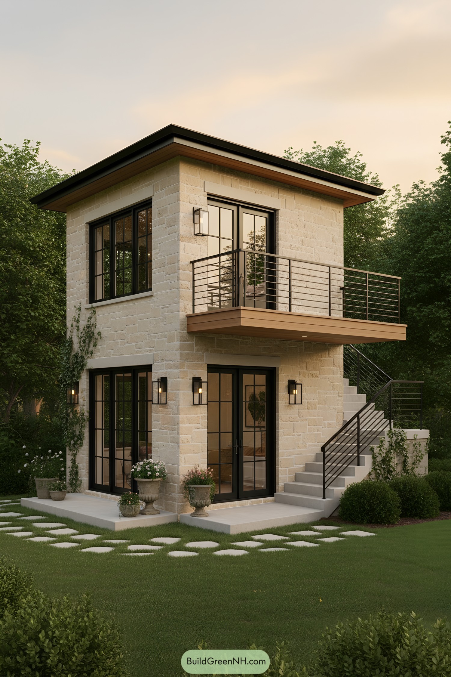 Two story stone tiny house with balcony