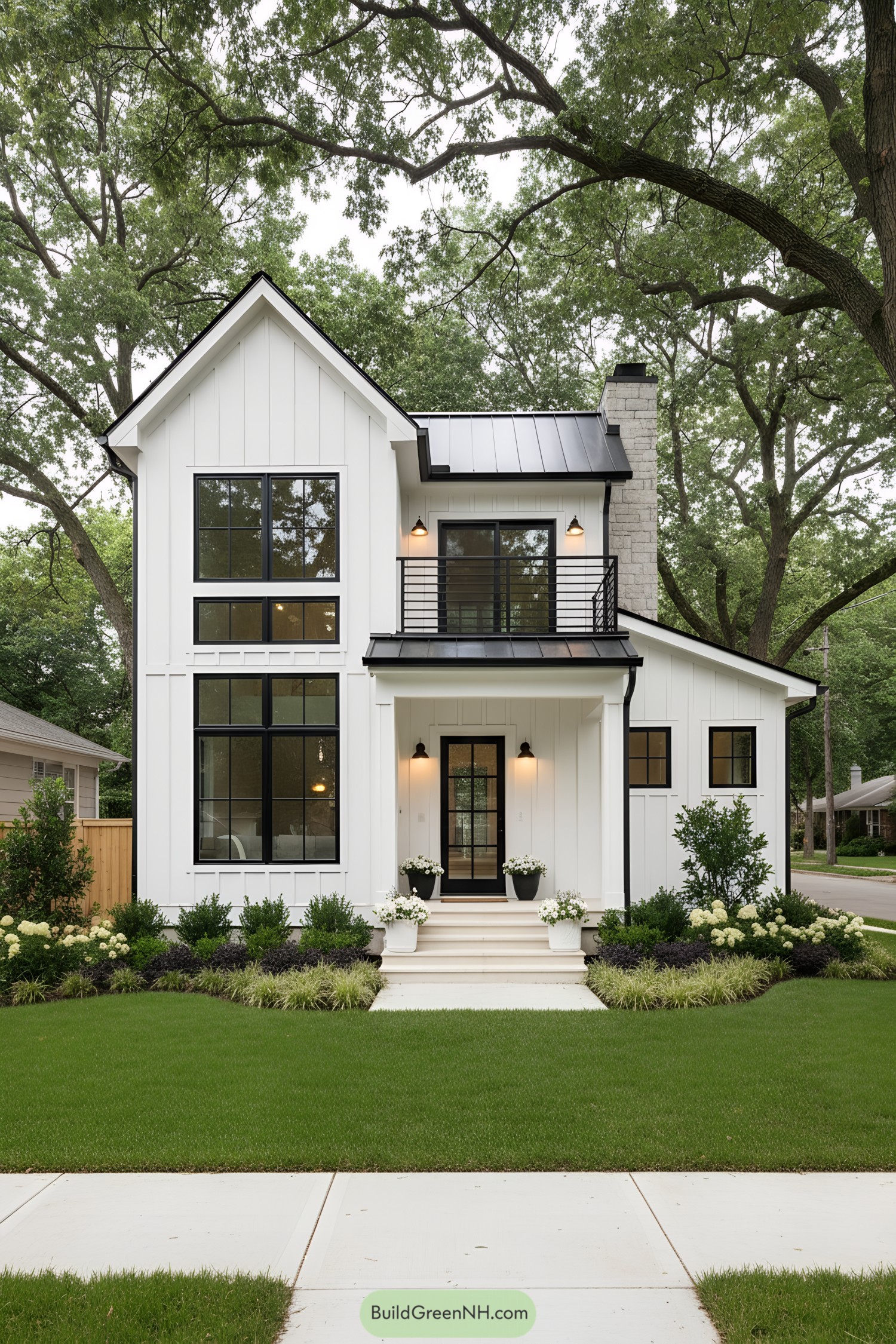 White board-and-batten two-story house with black metal roof and balcony