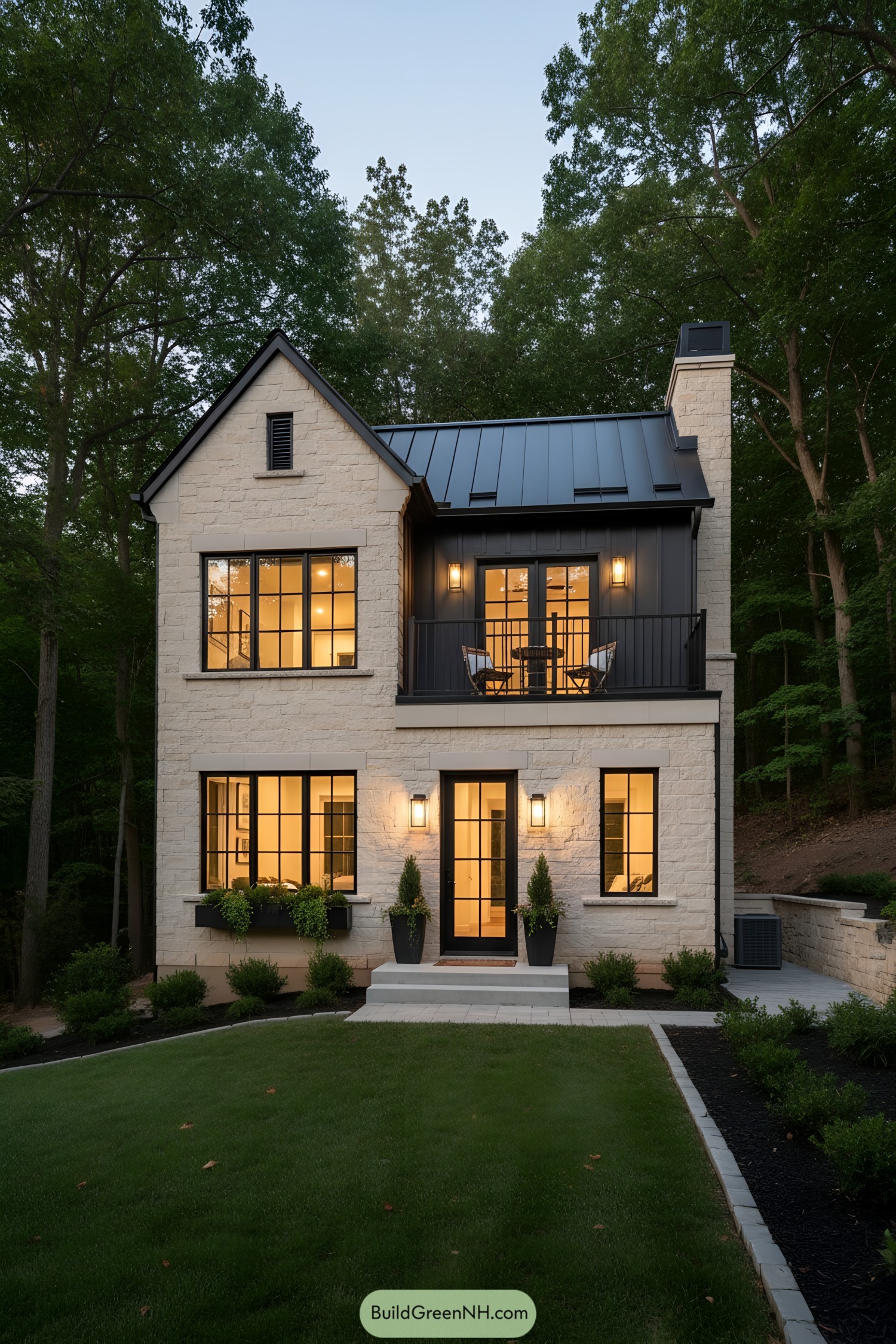 Two-story stone house with metal roof and balcony