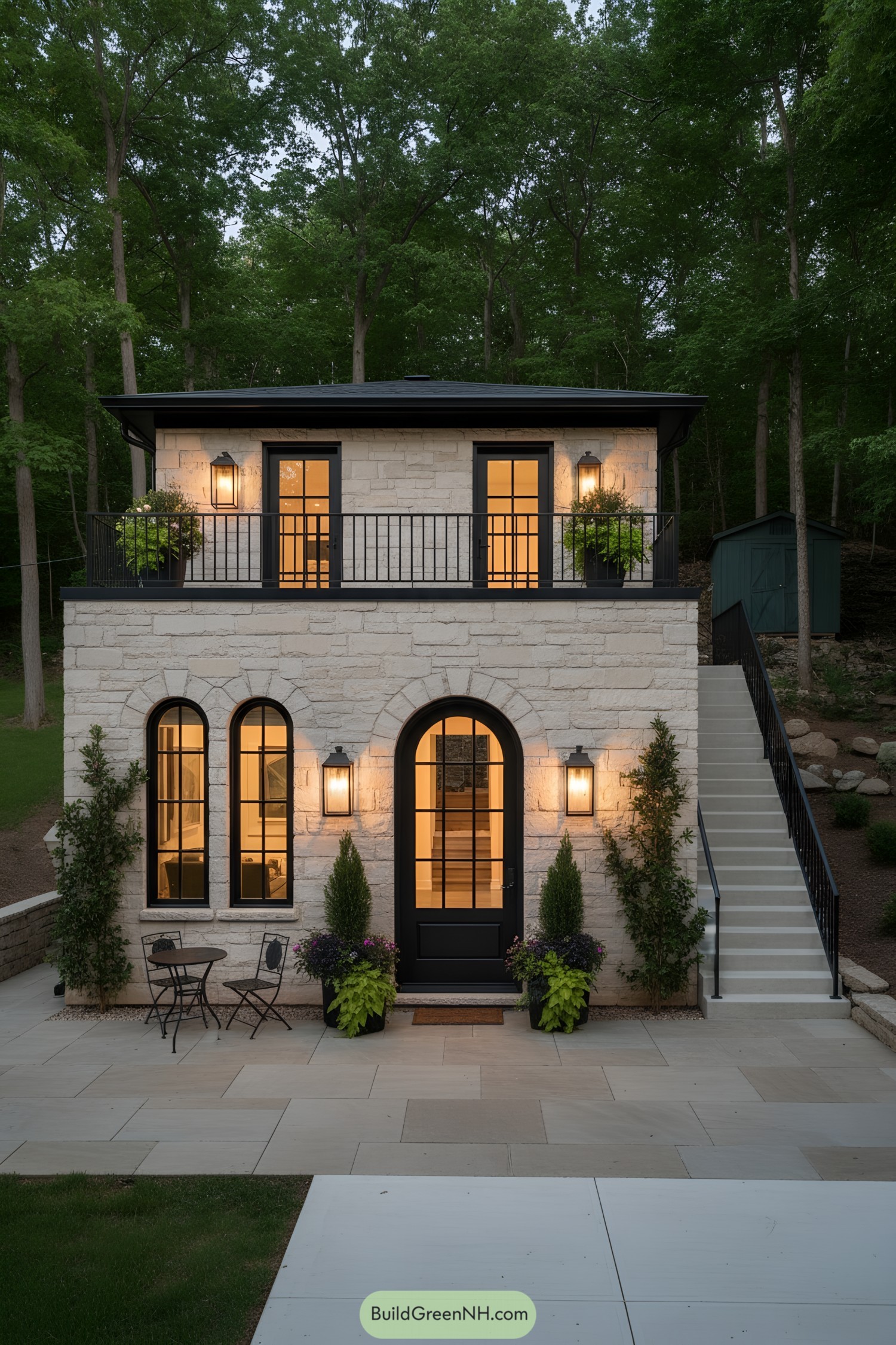 Two-story stone tiny house with balcony and black trim at dusk