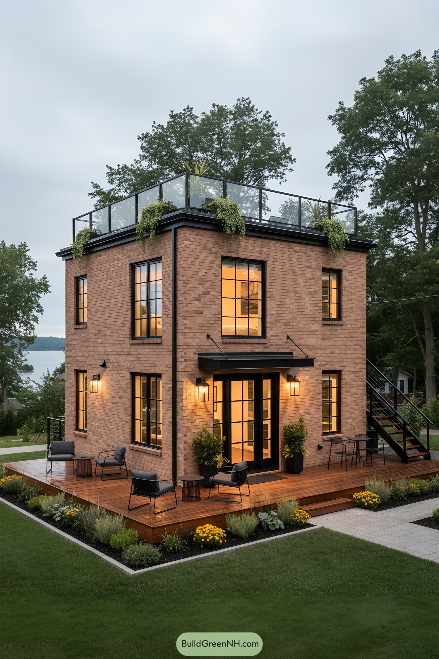 Compact brick two-story with glass-railed roof deck and wraparound wood terrace at dusk