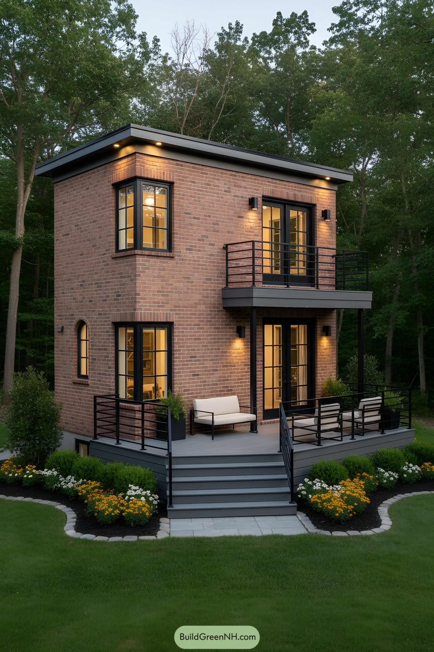 Two-story brick tiny house with flat roof and black metal railings, featuring upper and lower patios framed by warm lights