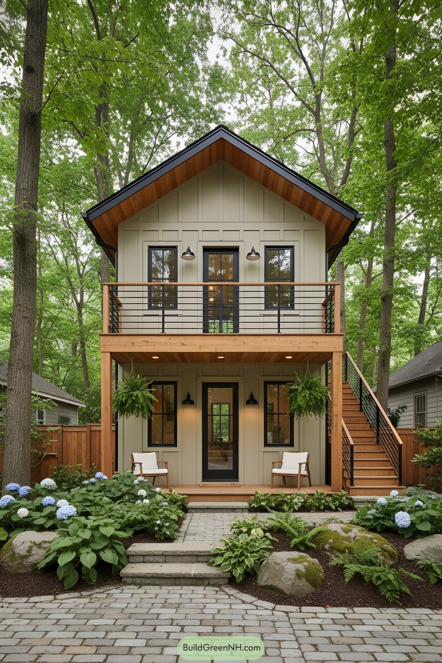 Two-story tiny house with balcony and garden
