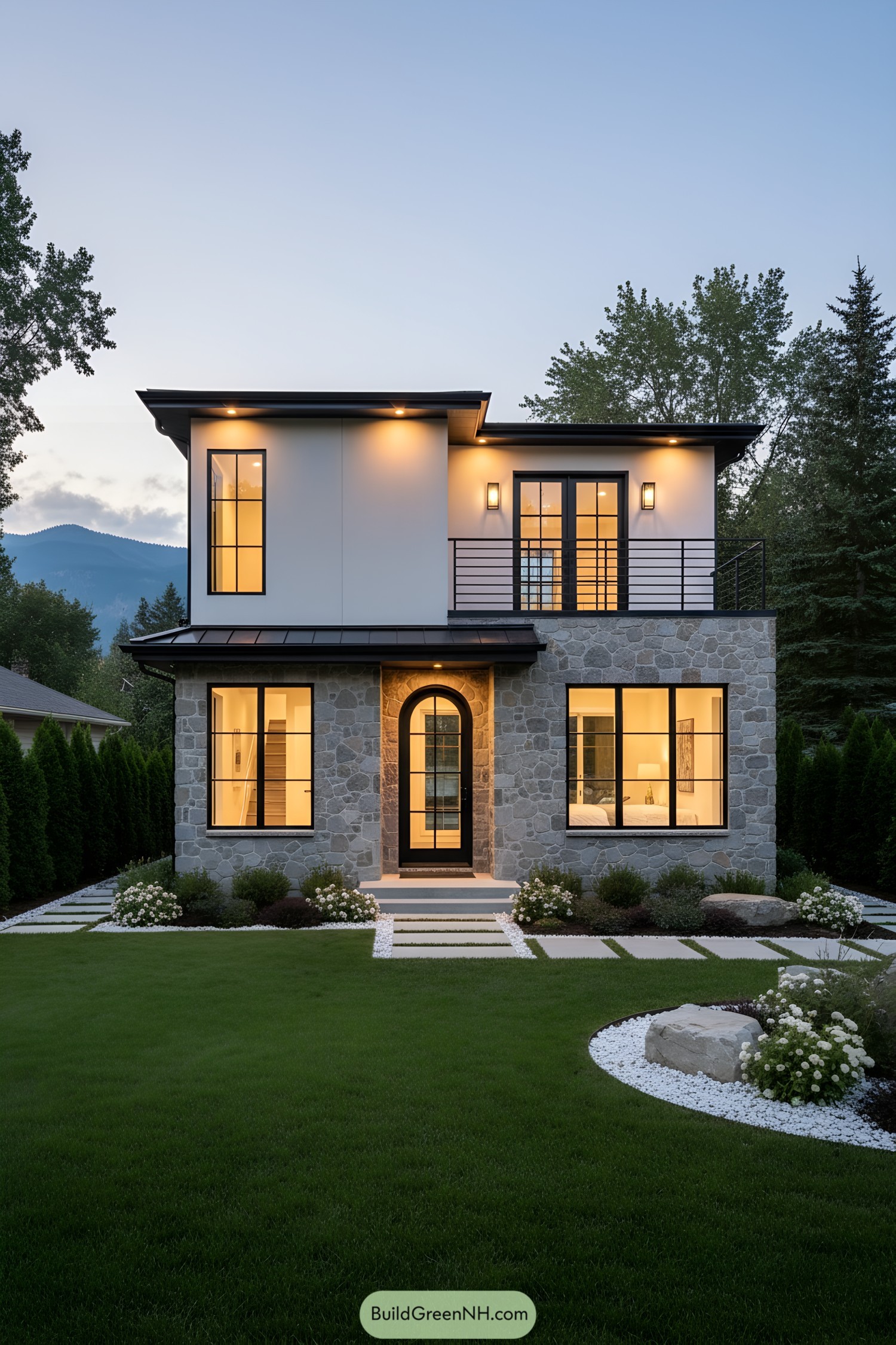 Two-story tiny house with stone base, black trim, and balcony