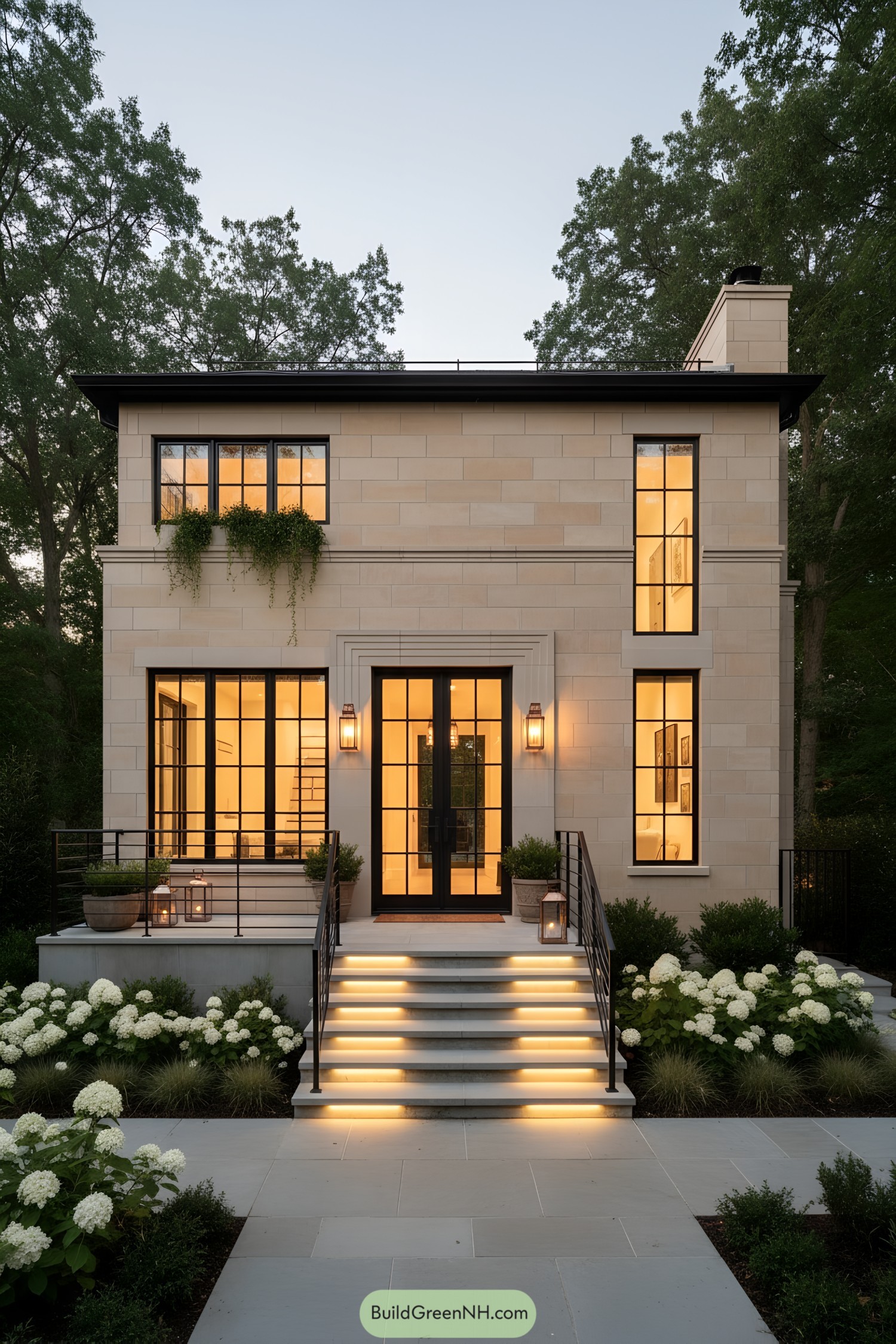 Compact limestone two-story with black-framed windows and glowing entry steps