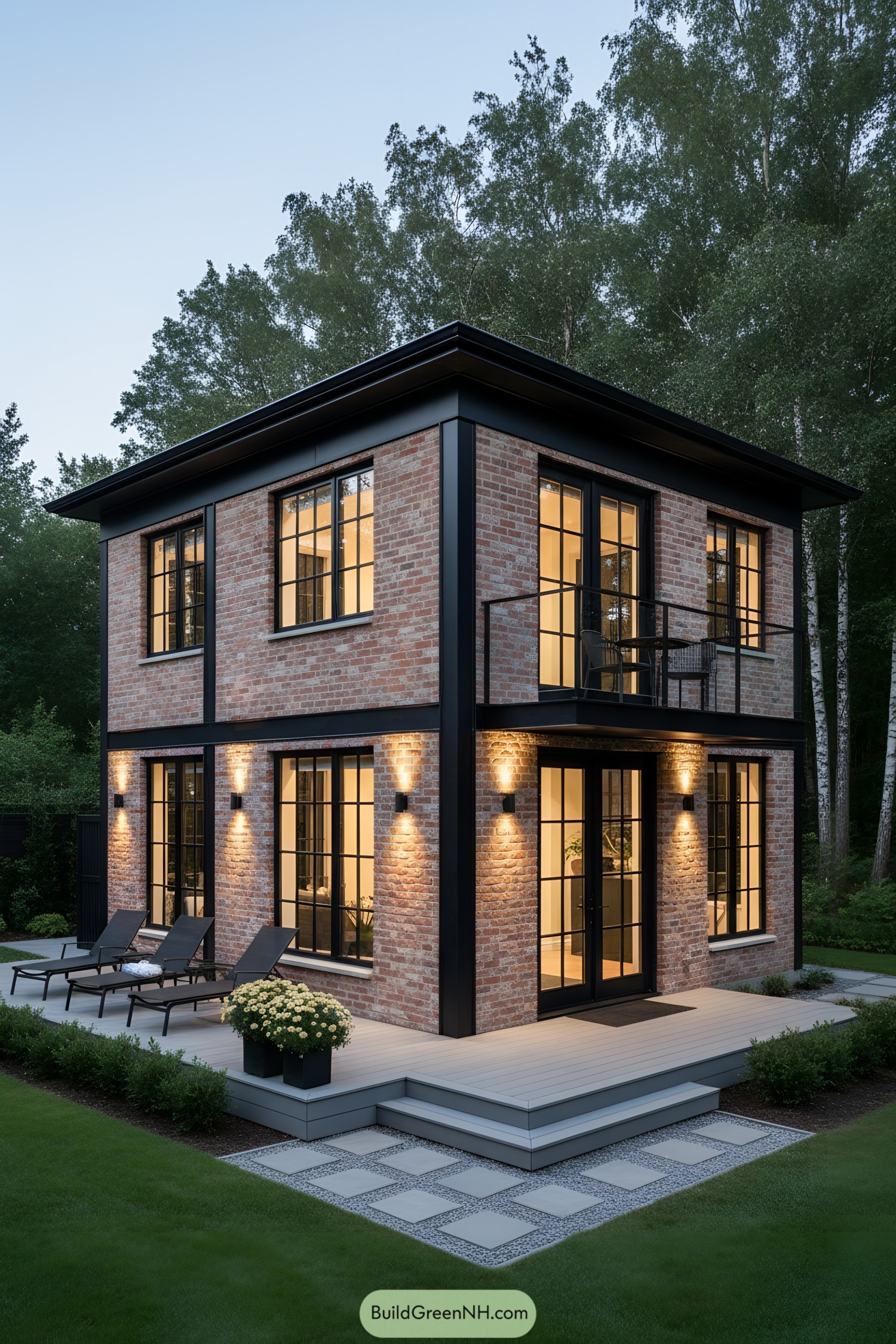 Two-story brick tiny house with black steel trim, large grid windows, and a wraparound deck at dusk