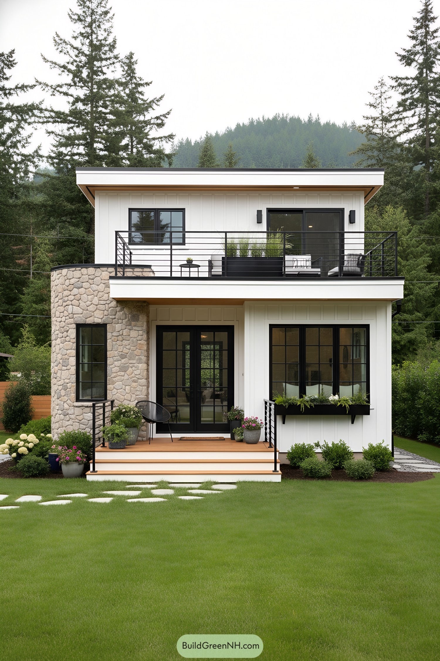 Compact two-story home with rooftop terrace and rounded stone corner tower