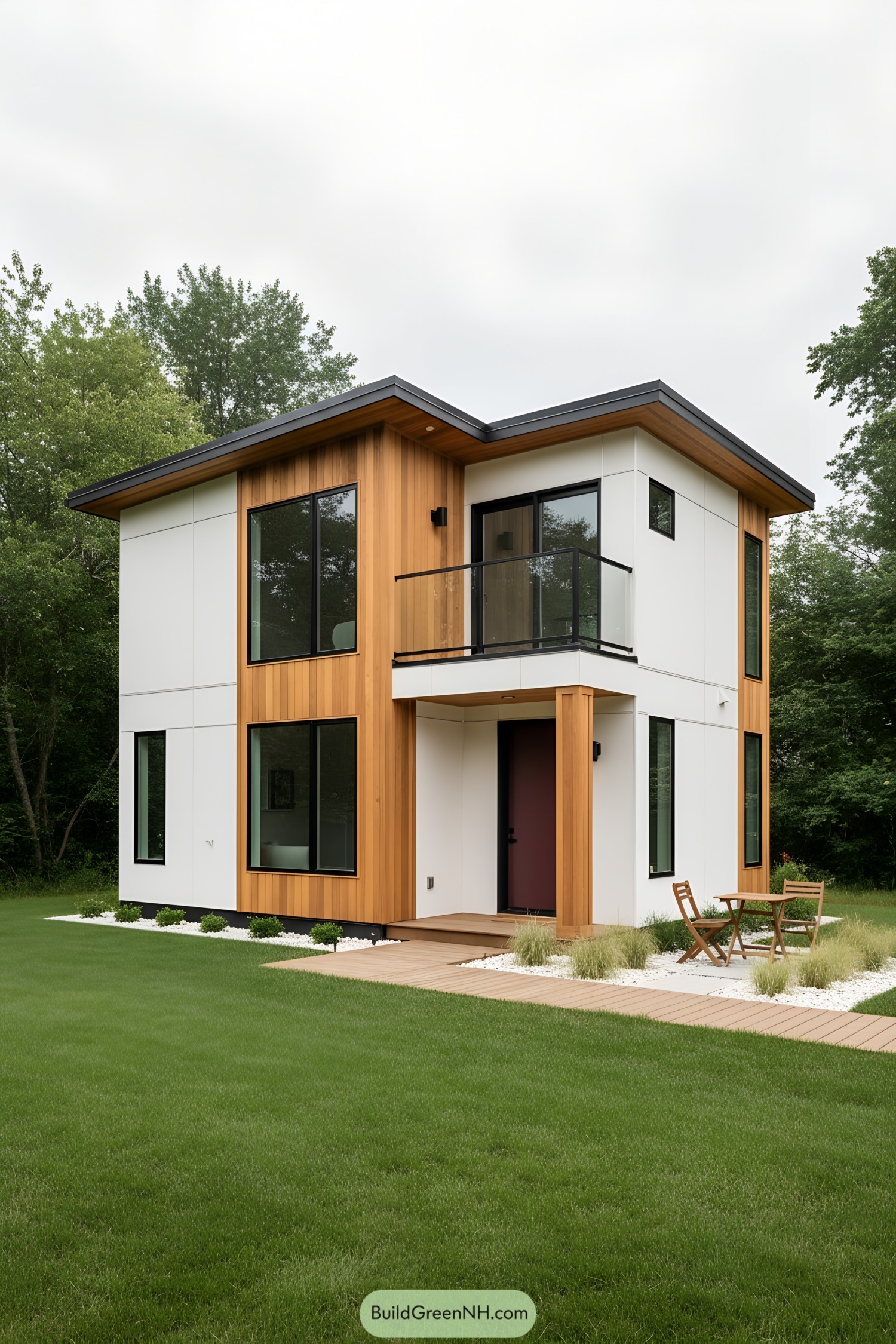 Two-story tiny house with cedar accents and glass balcony