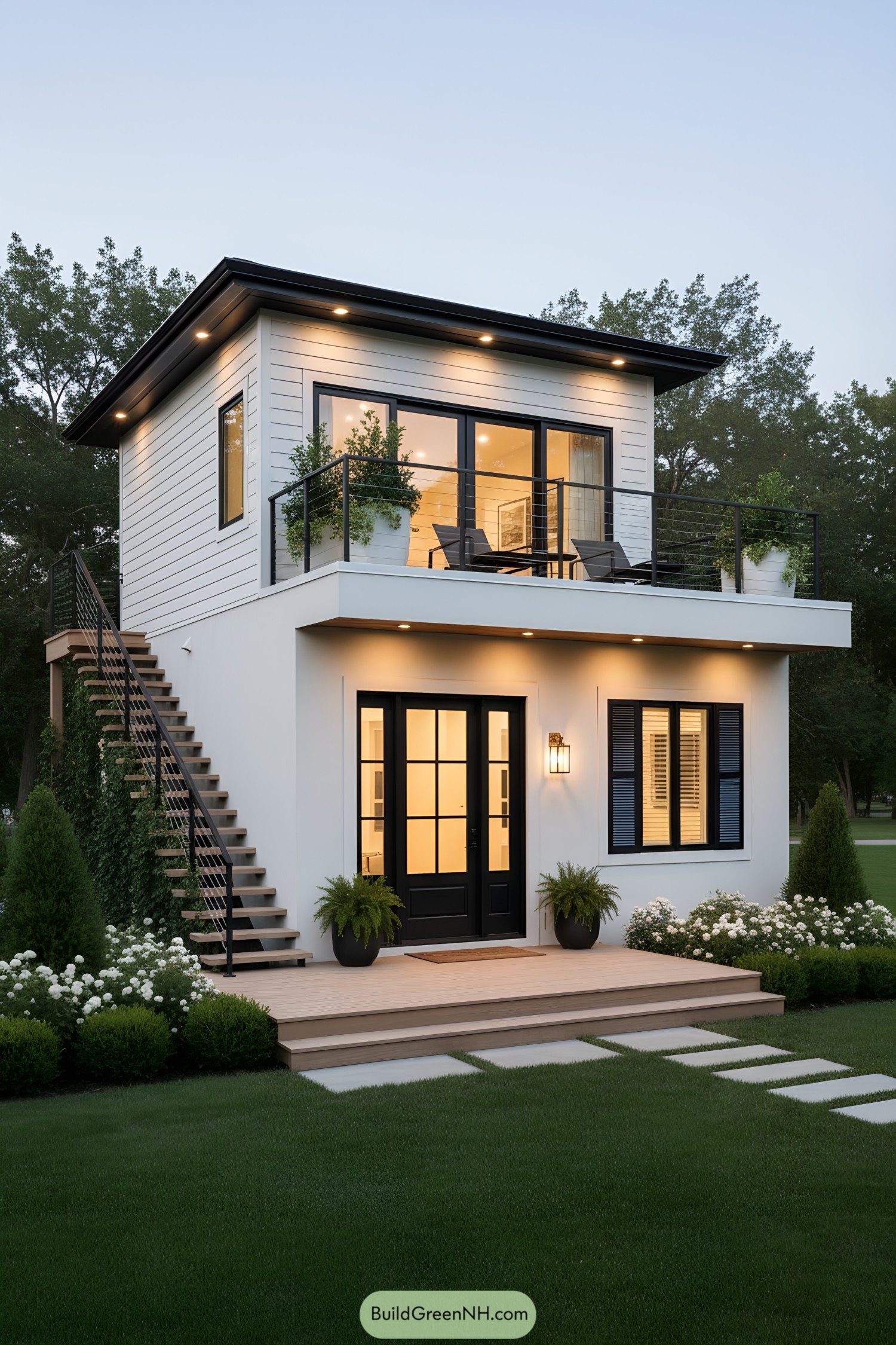 Two-story tiny home with rooftop terrace and exterior stair