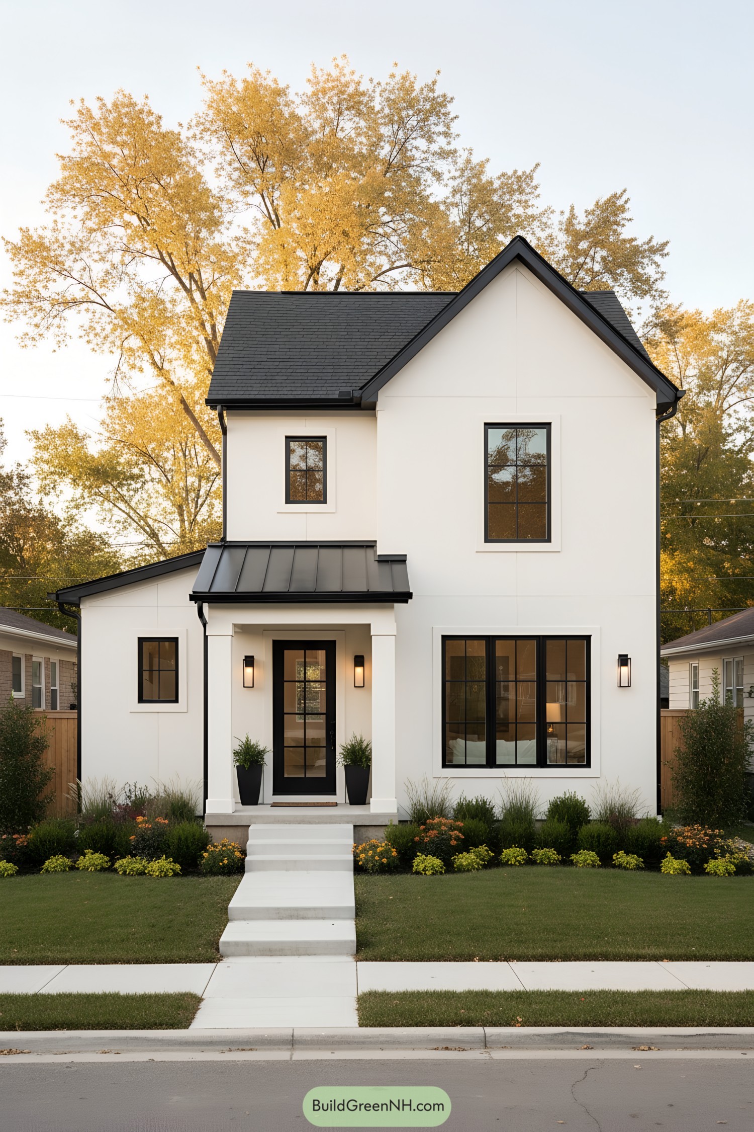 Compact two-story white house with black roof and grid windows