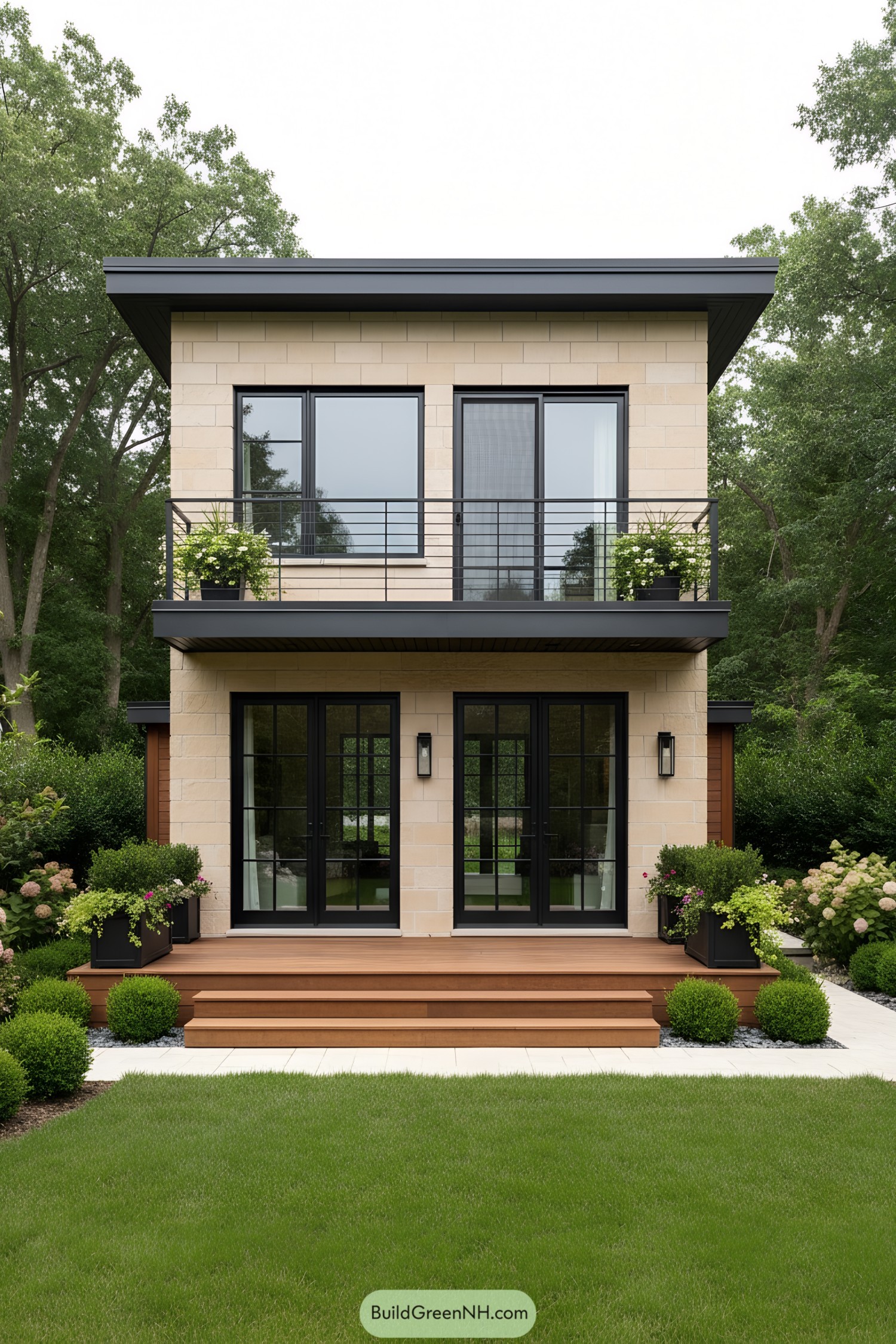 Two-story tiny house with cream stone facade black-framed windows and upper balcony over a wood deck